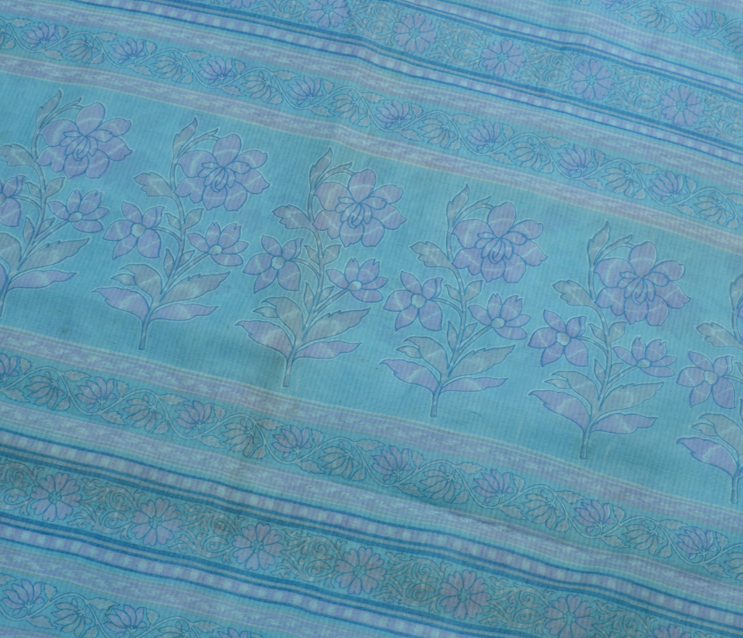 Sushila Vintage Aqua Blue Scrap Saree 100%Pure Cotton Printed Floral Sari Fabric