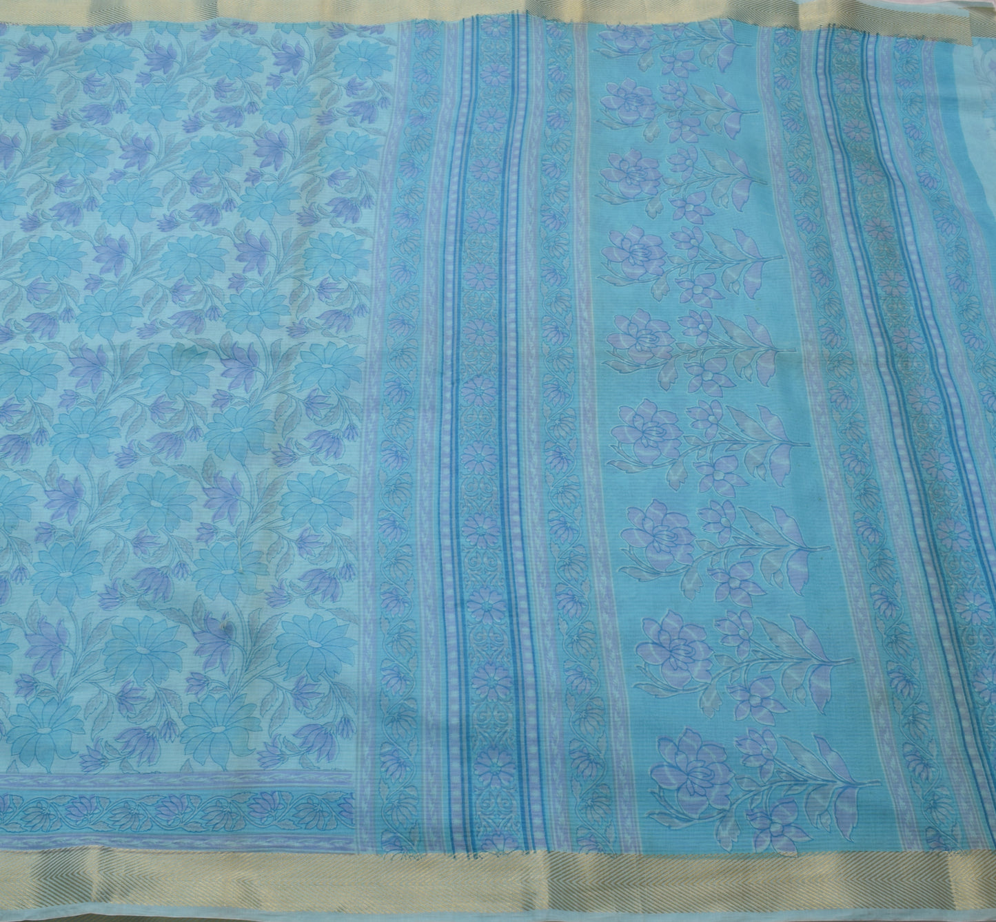 Sushila Vintage Aqua Blue Scrap Saree 100%Pure Cotton Printed Floral Sari Fabric