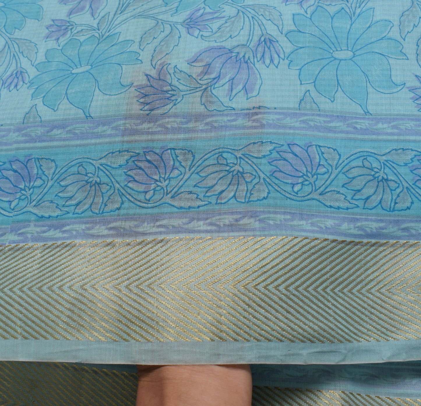 Sushila Vintage Aqua Blue Scrap Saree 100%Pure Cotton Printed Floral Sari Fabric