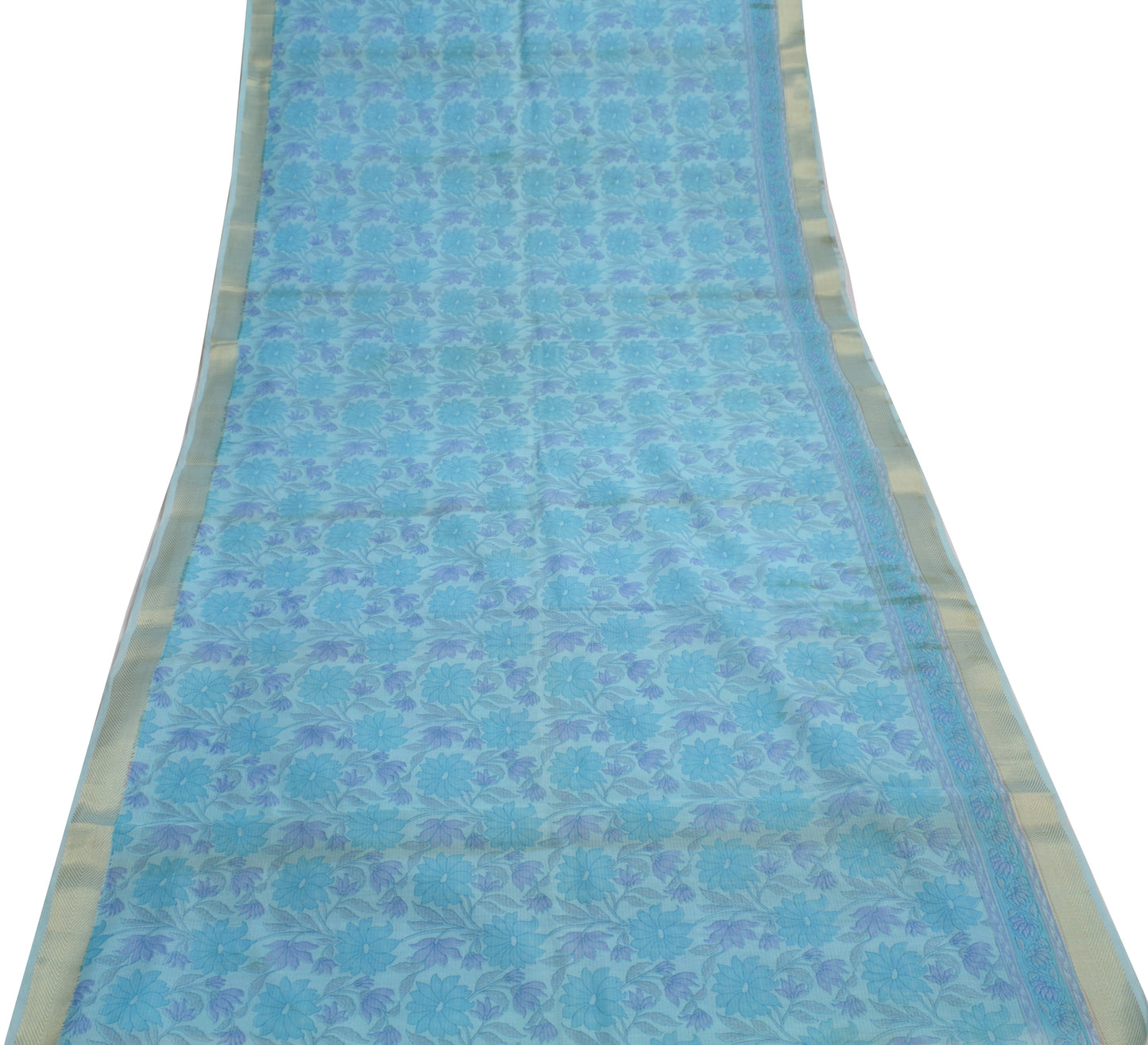 Sushila Vintage Aqua Blue Scrap Saree 100%Pure Cotton Printed Floral Sari Fabric