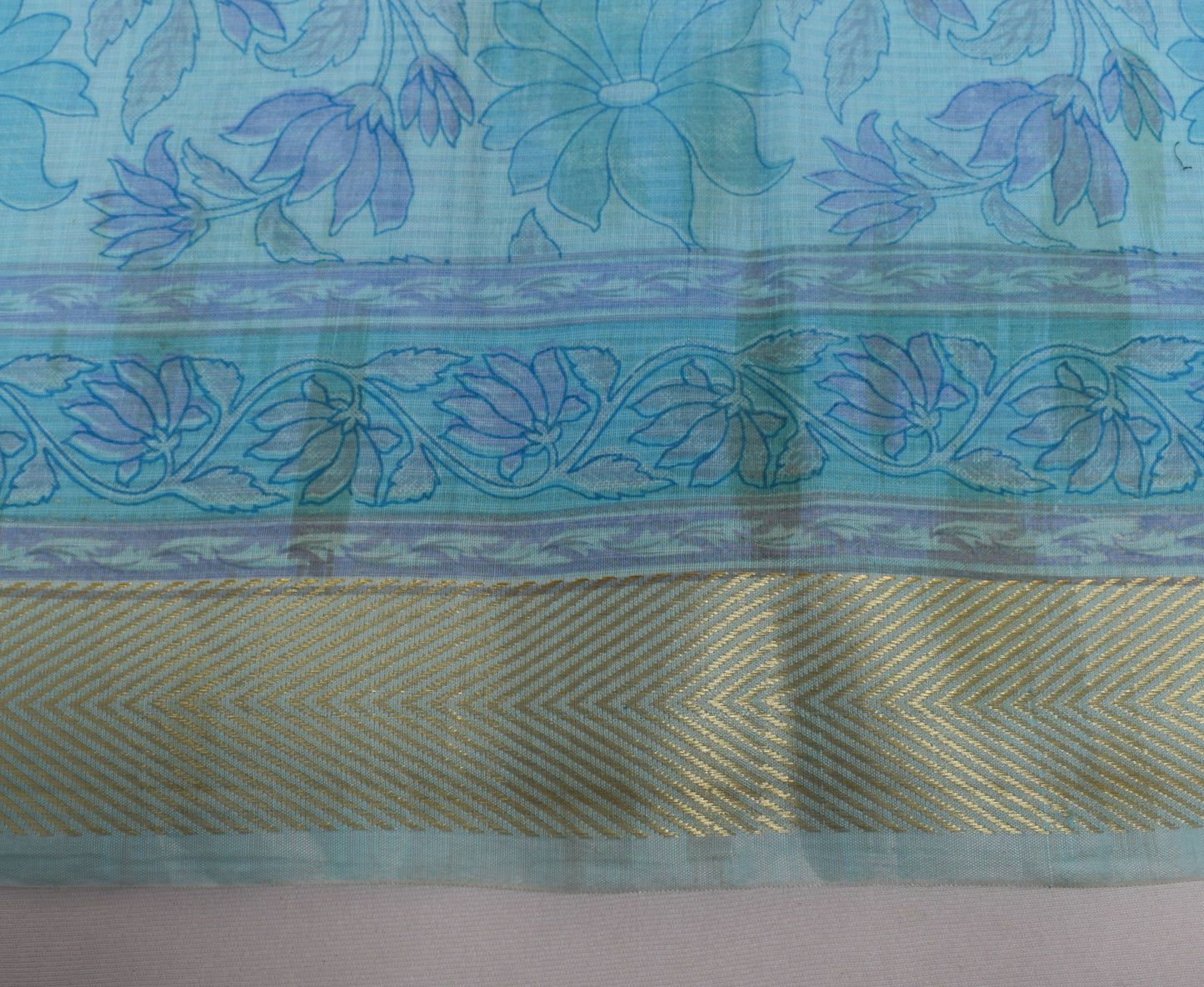 Sushila Vintage Aqua Blue Scrap Saree 100%Pure Cotton Printed Floral Sari Fabric