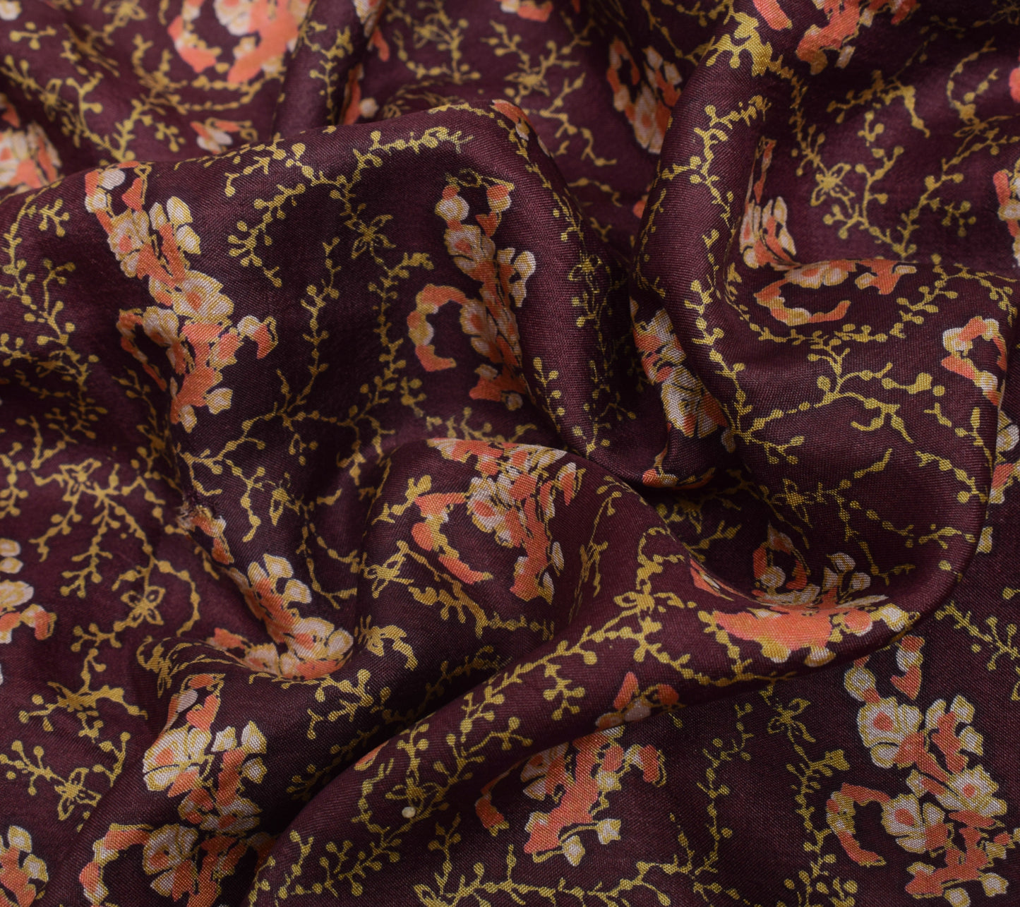 Sushila Vintage Maroon Scrap Saree 100% Pure Silk Printed Floral 5YD Sari Fabric