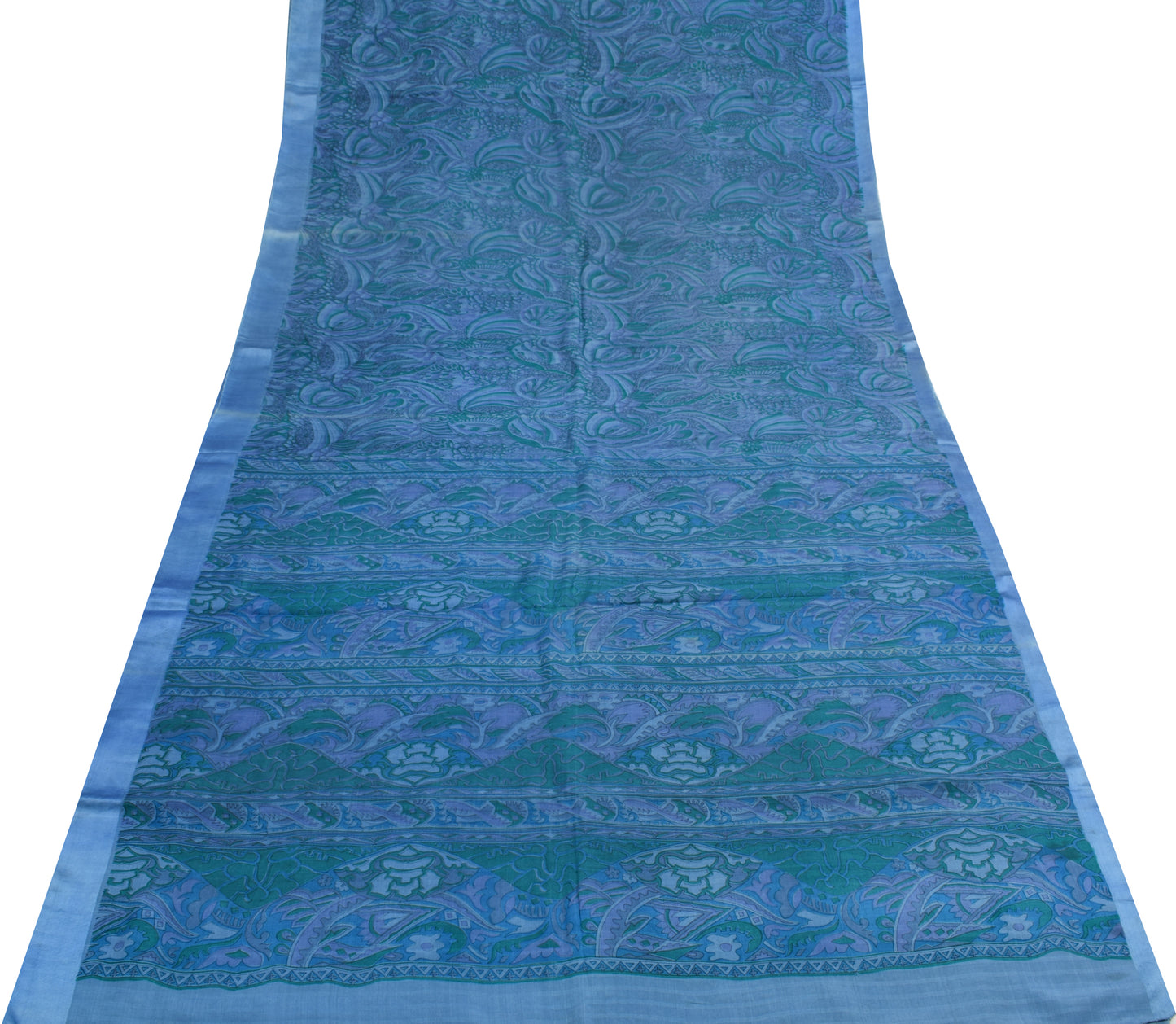 Sushila Vintage Blue Scrap Saree 100% Pure Silk Printed Floral Sari Craft Fabric