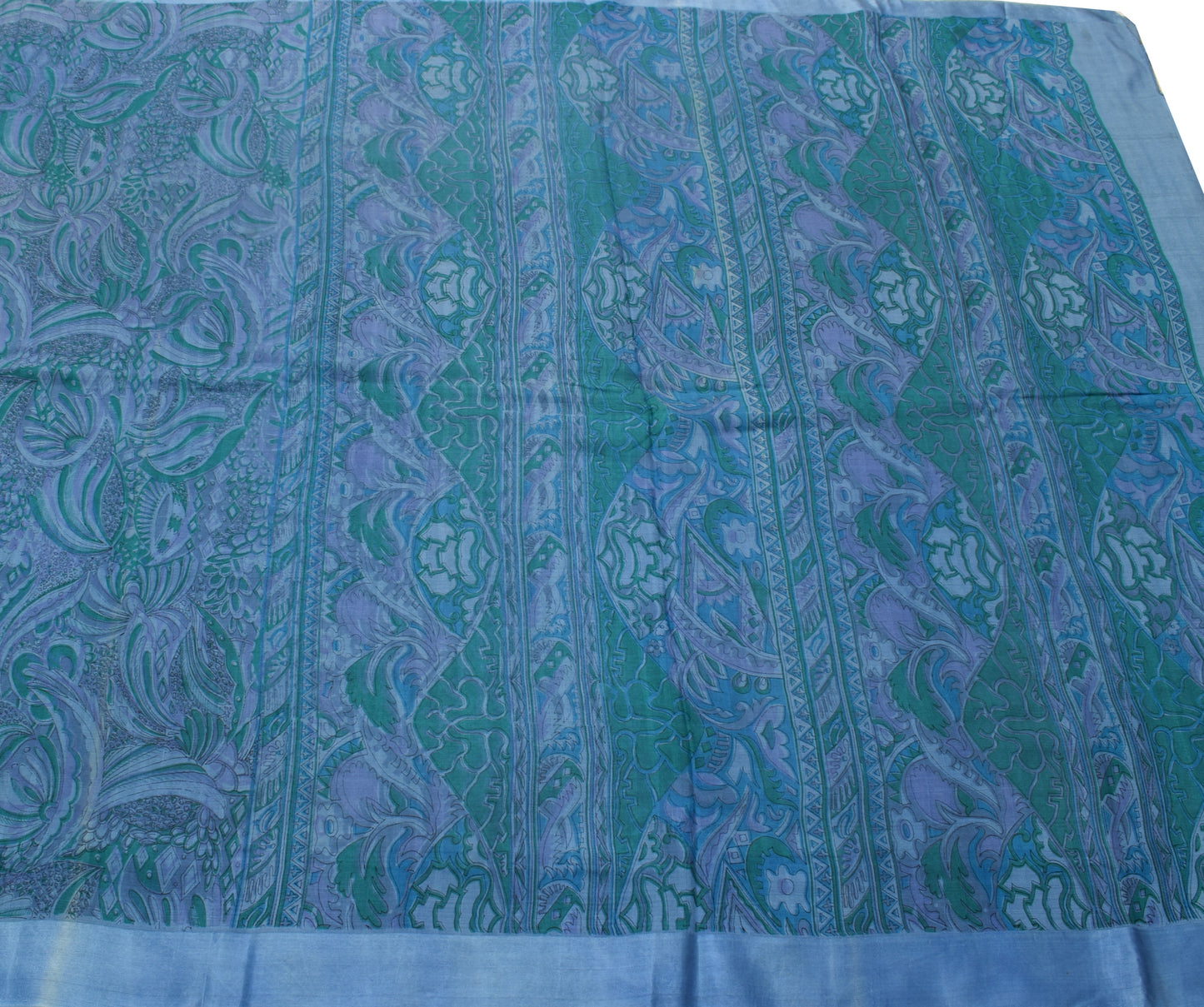 Sushila Vintage Blue Scrap Saree 100% Pure Silk Printed Floral Sari Craft Fabric