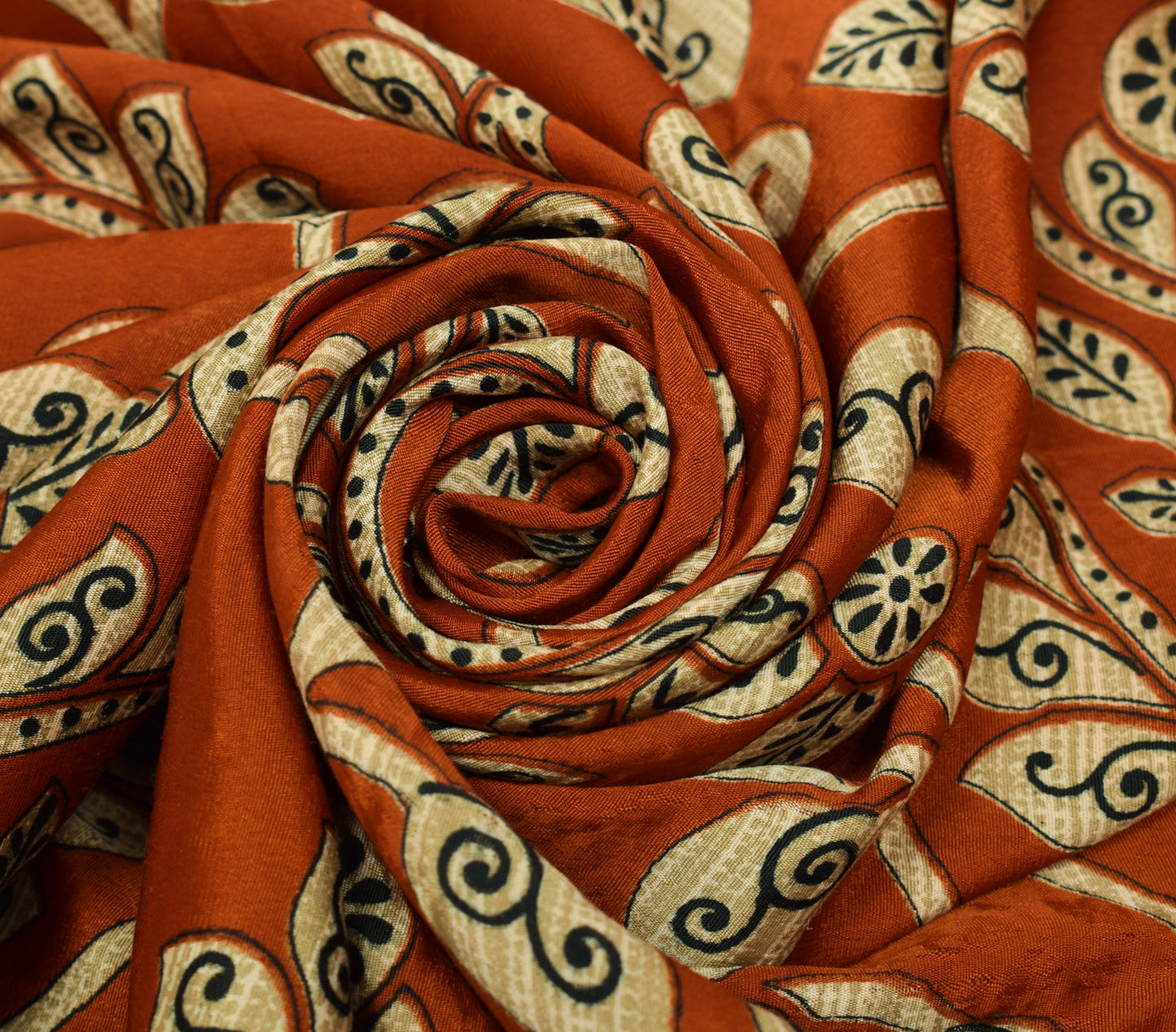 Sushila Vintage Rust Scrap Saree Blend Crepe Silk Printed Paisley Sari Fabric