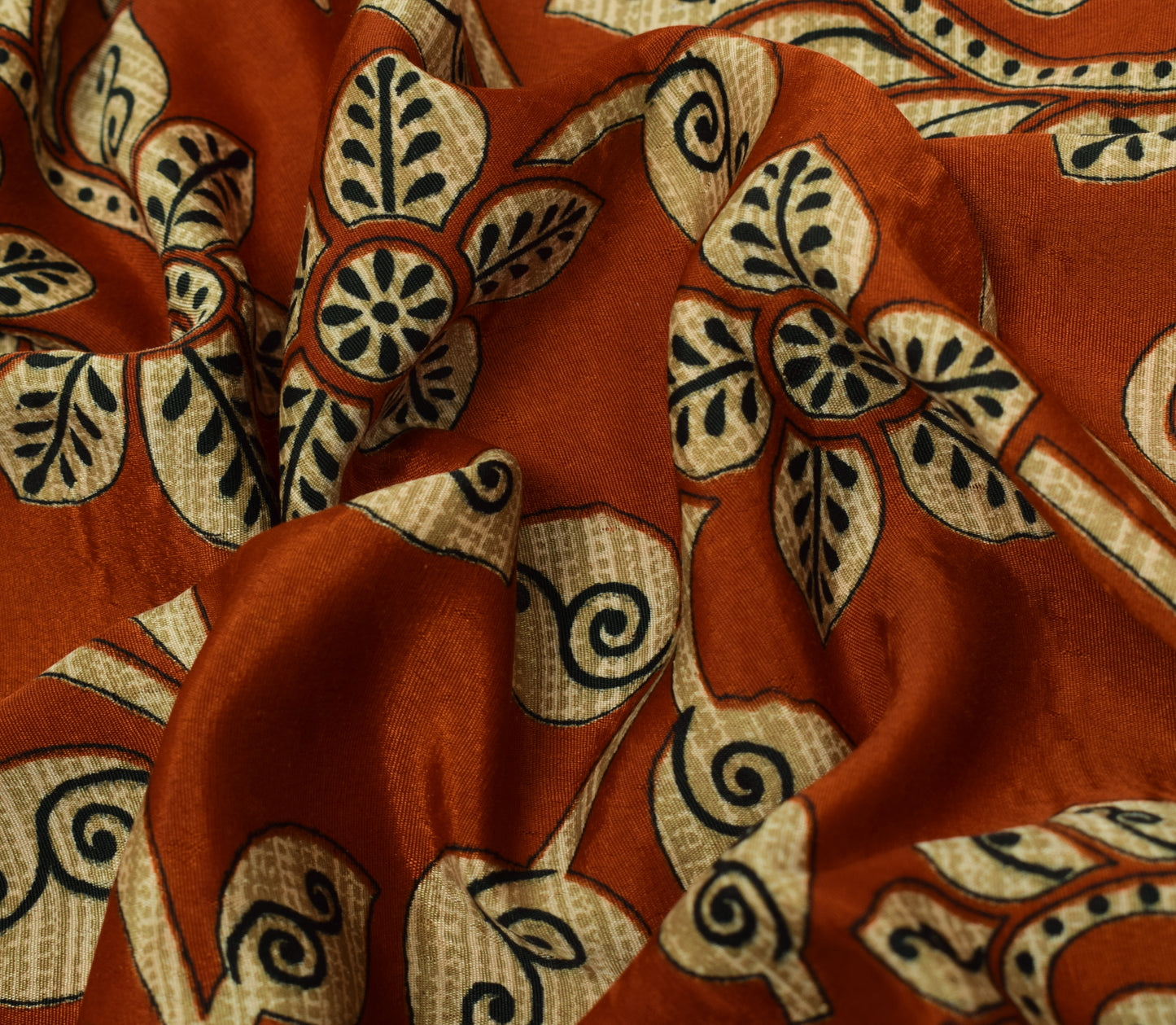 Sushila Vintage Rust Scrap Saree Blend Crepe Silk Printed Paisley Sari Fabric