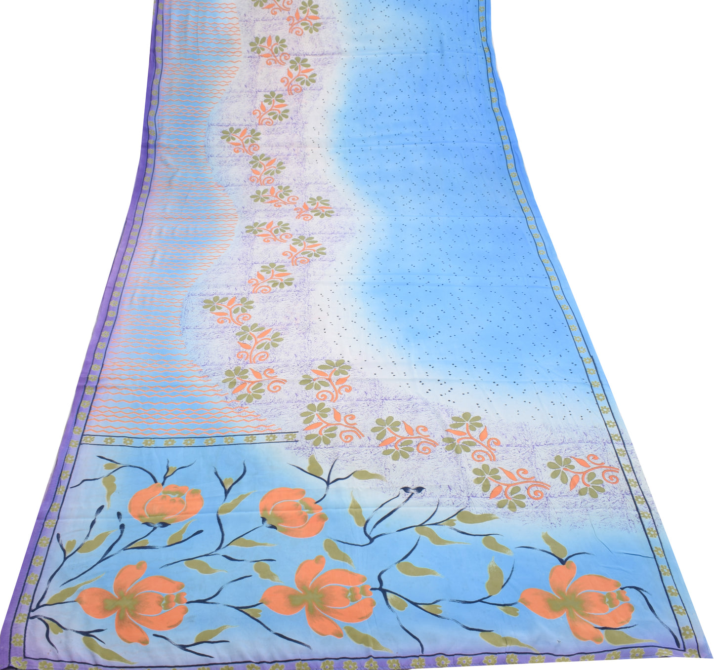 Sushila Vintage Blue Scrap Saree Blend Crepe Silk Printed Floral Sari Fabric