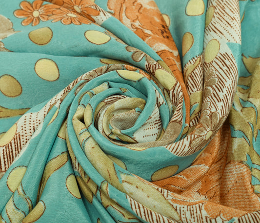 Sushila Vintage Aqua Blue Scrap Saree Crepe Silk Printed Floral Soft Sari Fabric