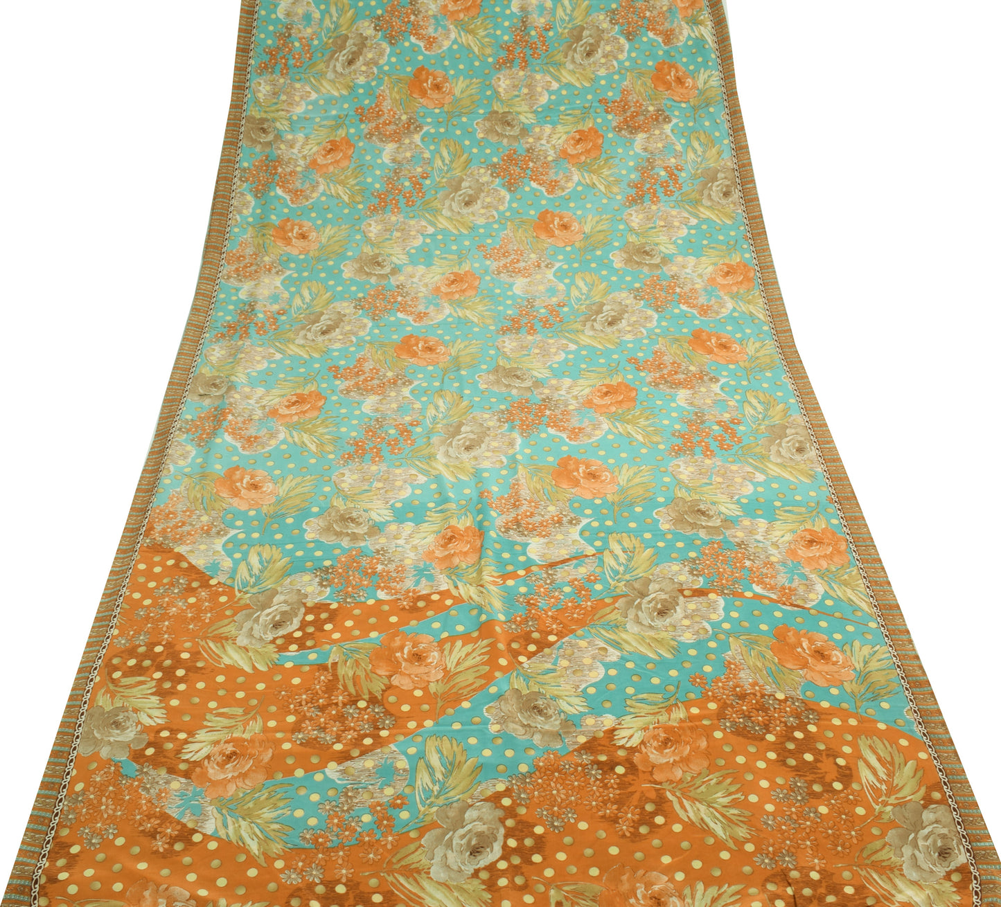 Sushila Vintage Aqua Blue Scrap Saree Crepe Silk Printed Floral Soft Sari Fabric