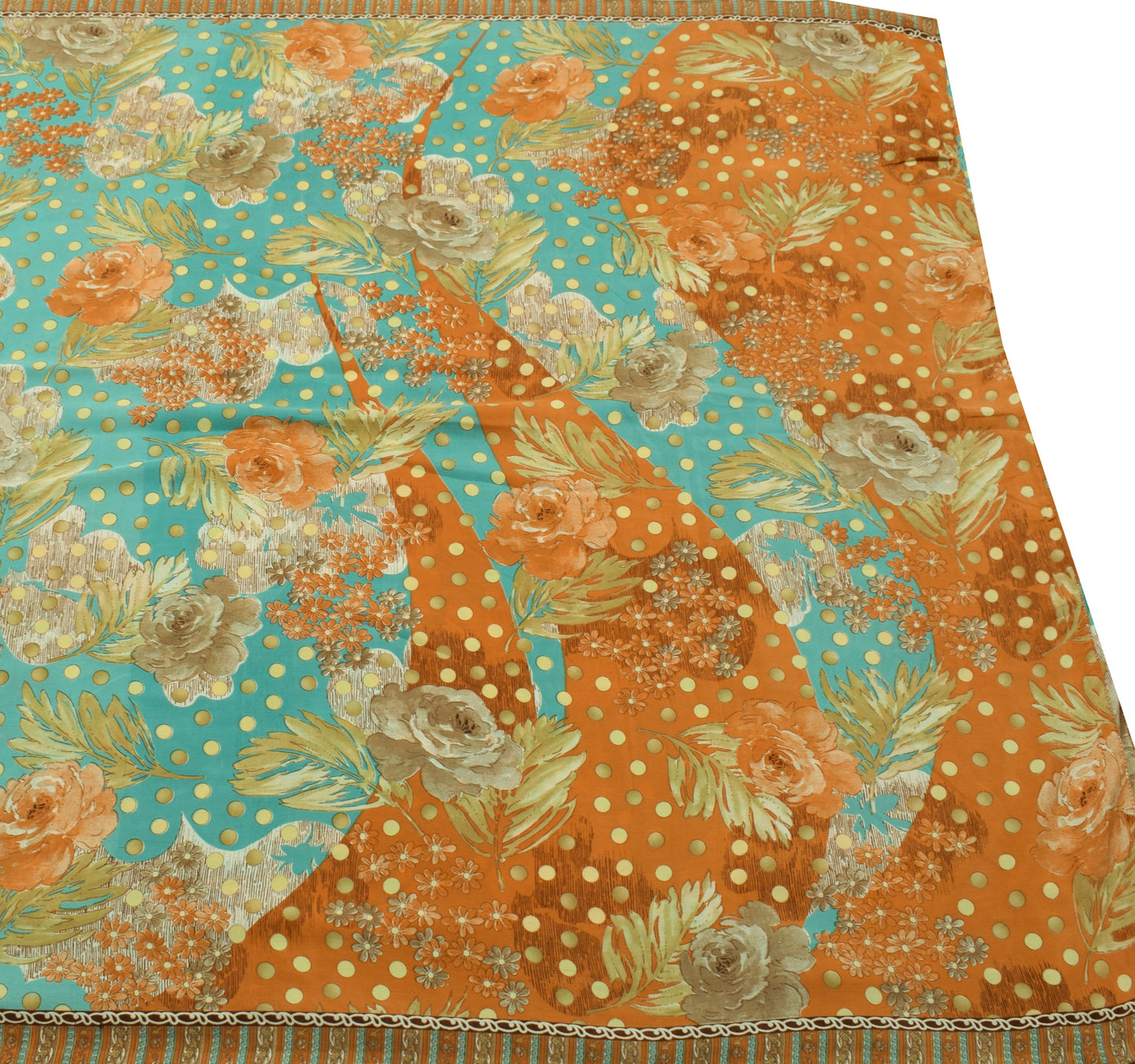 Sushila Vintage Aqua Blue Scrap Saree Crepe Silk Printed Floral Soft Sari Fabric