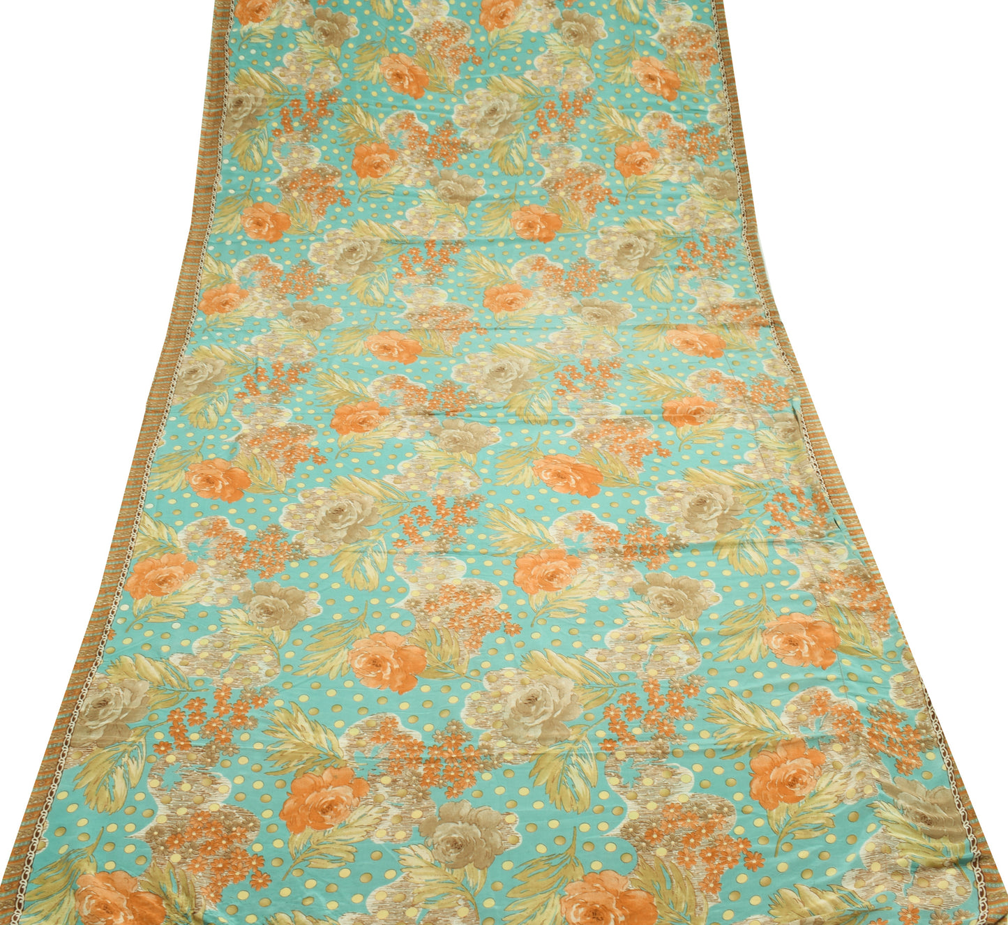 Sushila Vintage Aqua Blue Scrap Saree Crepe Silk Printed Floral Soft Sari Fabric