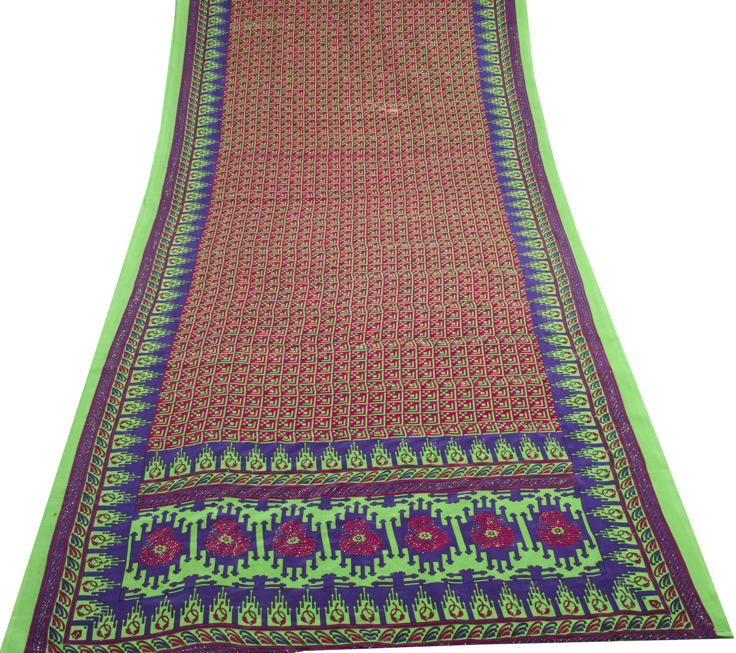 Sushila Vintage Magenta Indian Scrap Saree Crepe Silk Printed Sari Craft Fabric