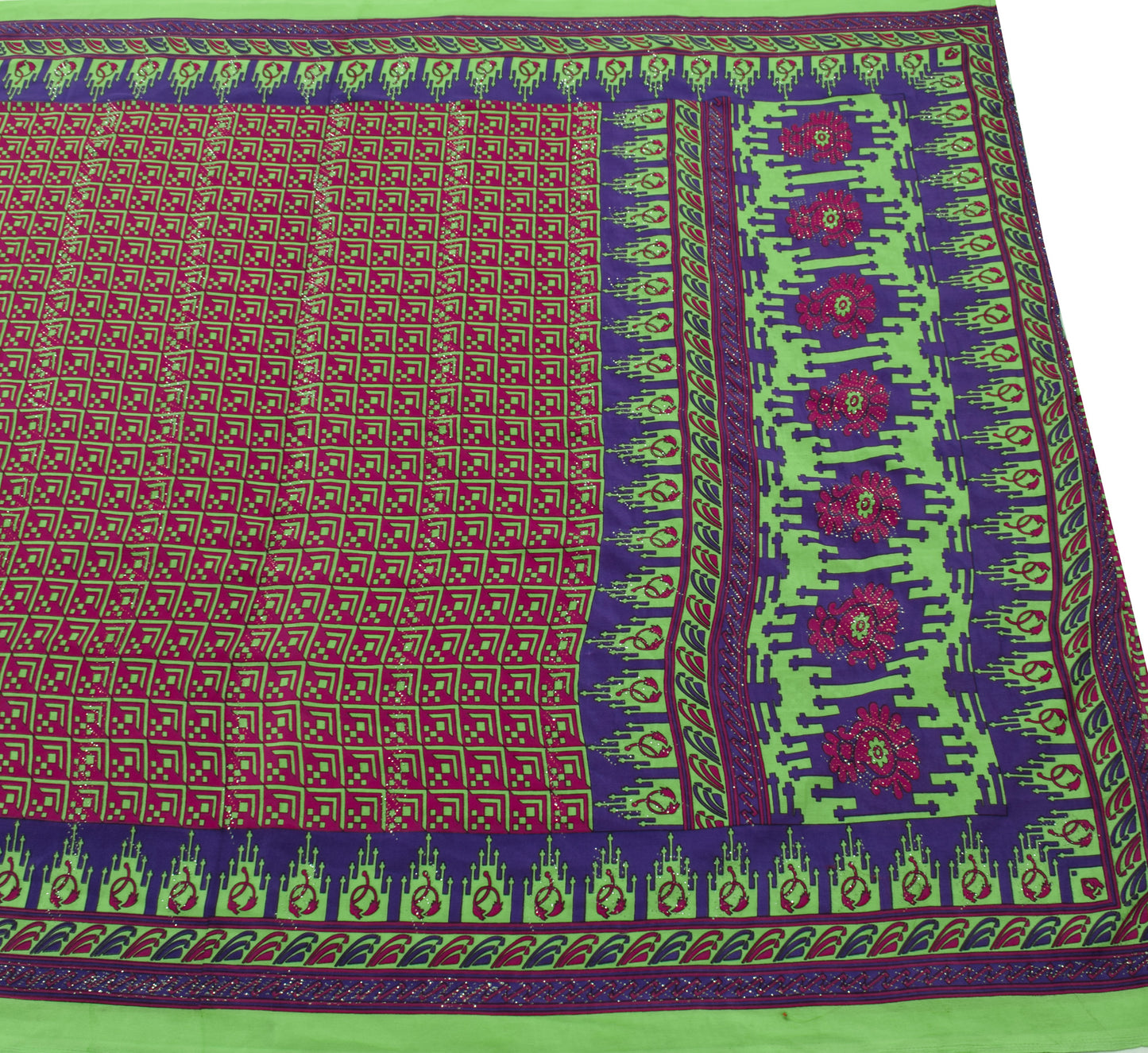 Sushila Vintage Magenta Indian Scrap Saree Crepe Silk Printed Sari Craft Fabric