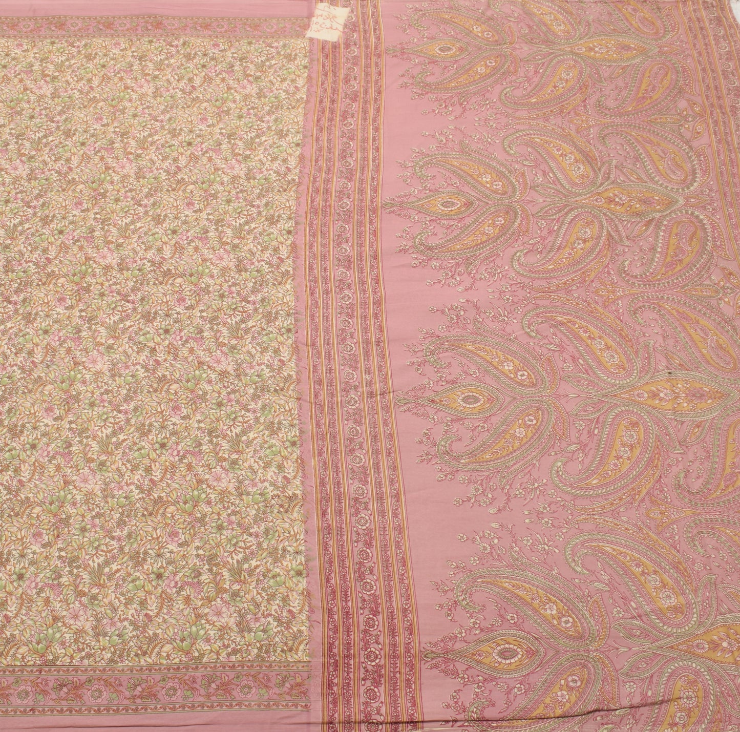 Sushila Vintage Cream Scrap Saree Blend Silk Printed Floral Sari Craft Fabric