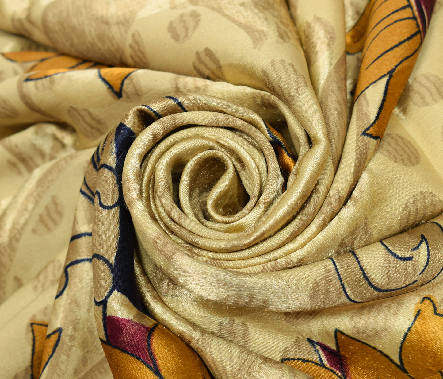 Sushila Vintage Cream Scrap Saree Blend Crepe Silk Printed Floral Sari Fabric