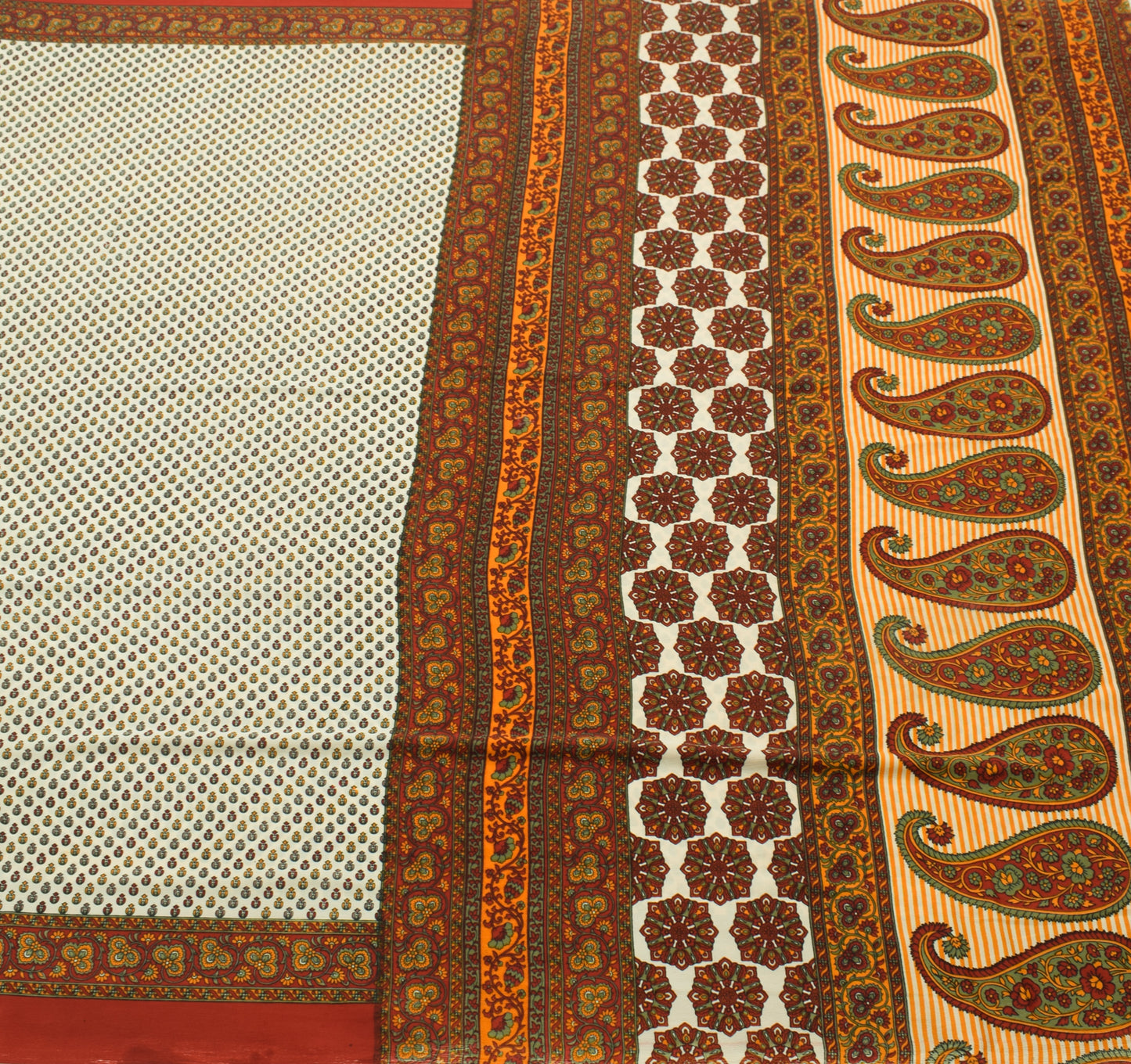 Orange White Floral Sari Fabric