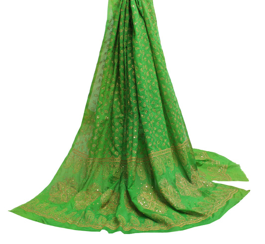 Sushila Vintage Green Indian Scrap Dupatta Blend Silk Printed Long Stole Veil