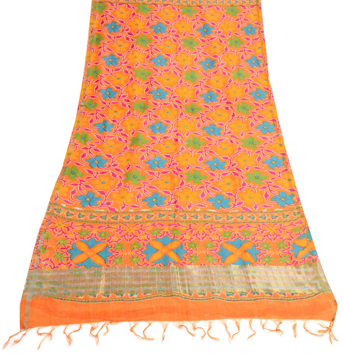 Sushila Vintage Orange Scrap Dupatta Pure Silk Printed Floral Long Stole Wrap