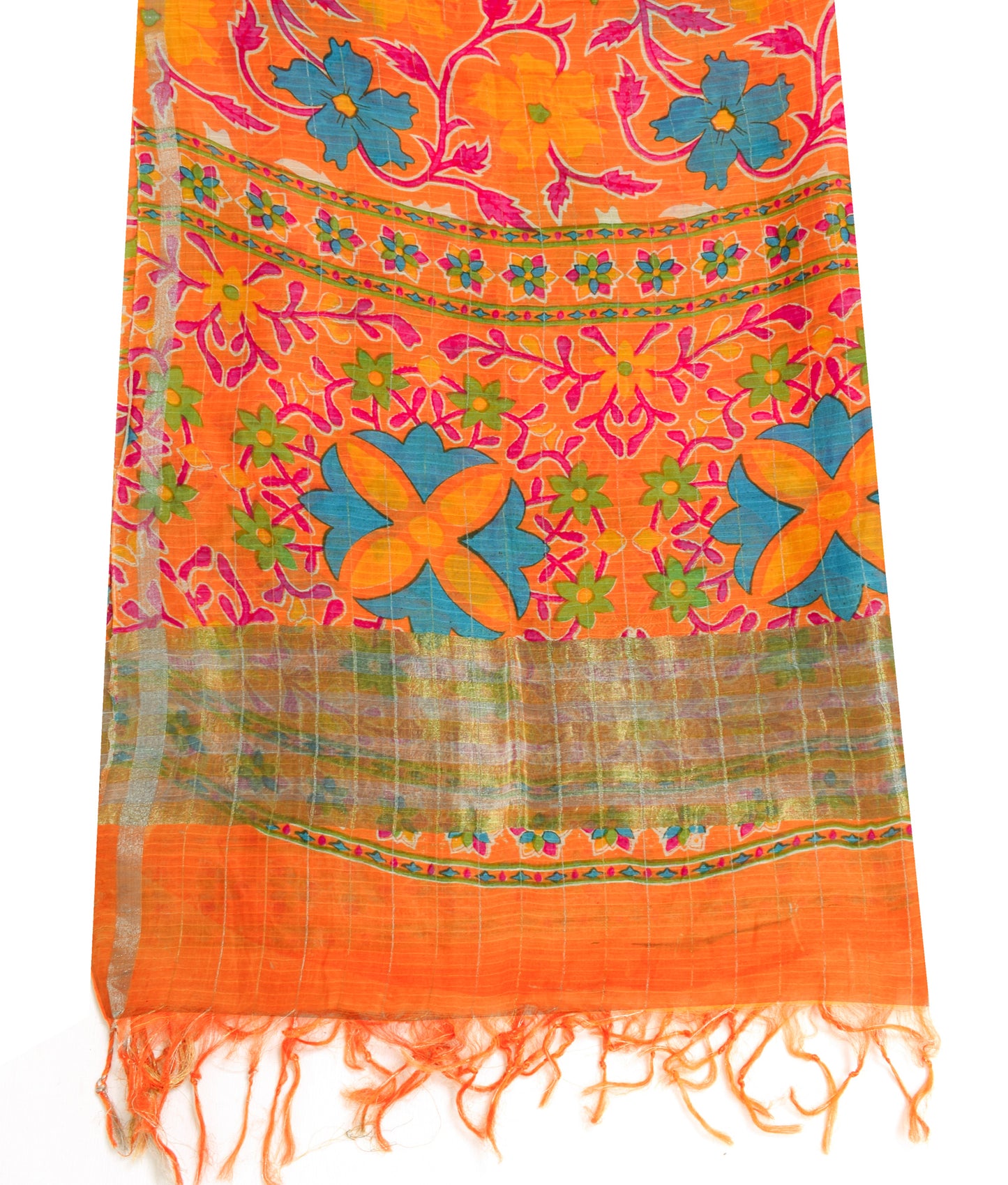 Sushila Vintage Orange Scrap Dupatta Pure Silk Printed Floral Long Stole Wrap