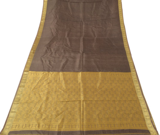 Sushila Vintage Dark Brown Saree 100% Pure Silk Woven Sari 5 Yard Craft Fabric