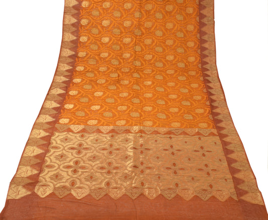 Sushila Vintage Rust Saree 100% Pure Silk Net Mesh Woven Floral Sari Fabric