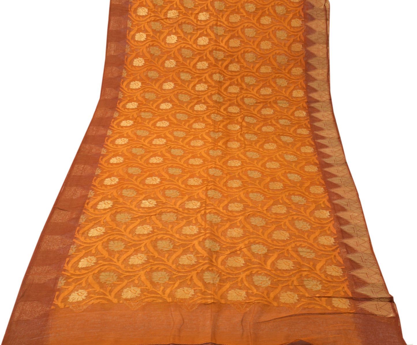 Sushila Vintage Rust Saree 100% Pure Silk Net Mesh Woven Floral Sari Fabric