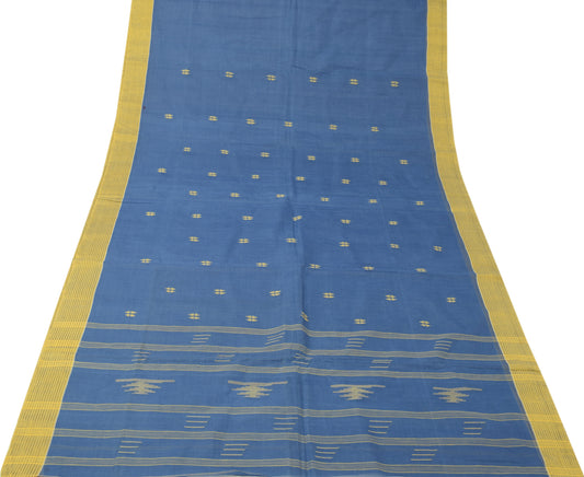 Sushila Vintage Blue Saree 100% Cotton Woven Tant Sari 5 Yard Craft Fabric