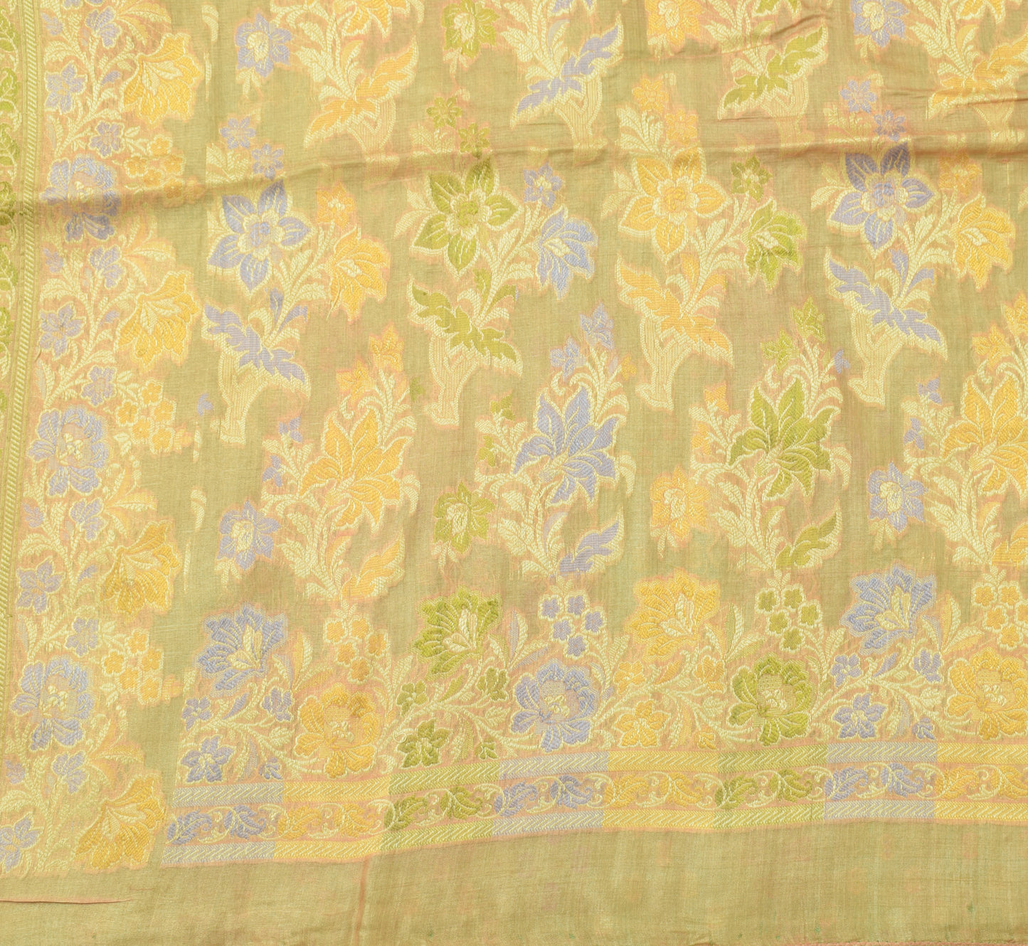 Sushila Vintage Green Saree 100% Pure Silk Woven Floral Sari 5 Yard Craft Fabric