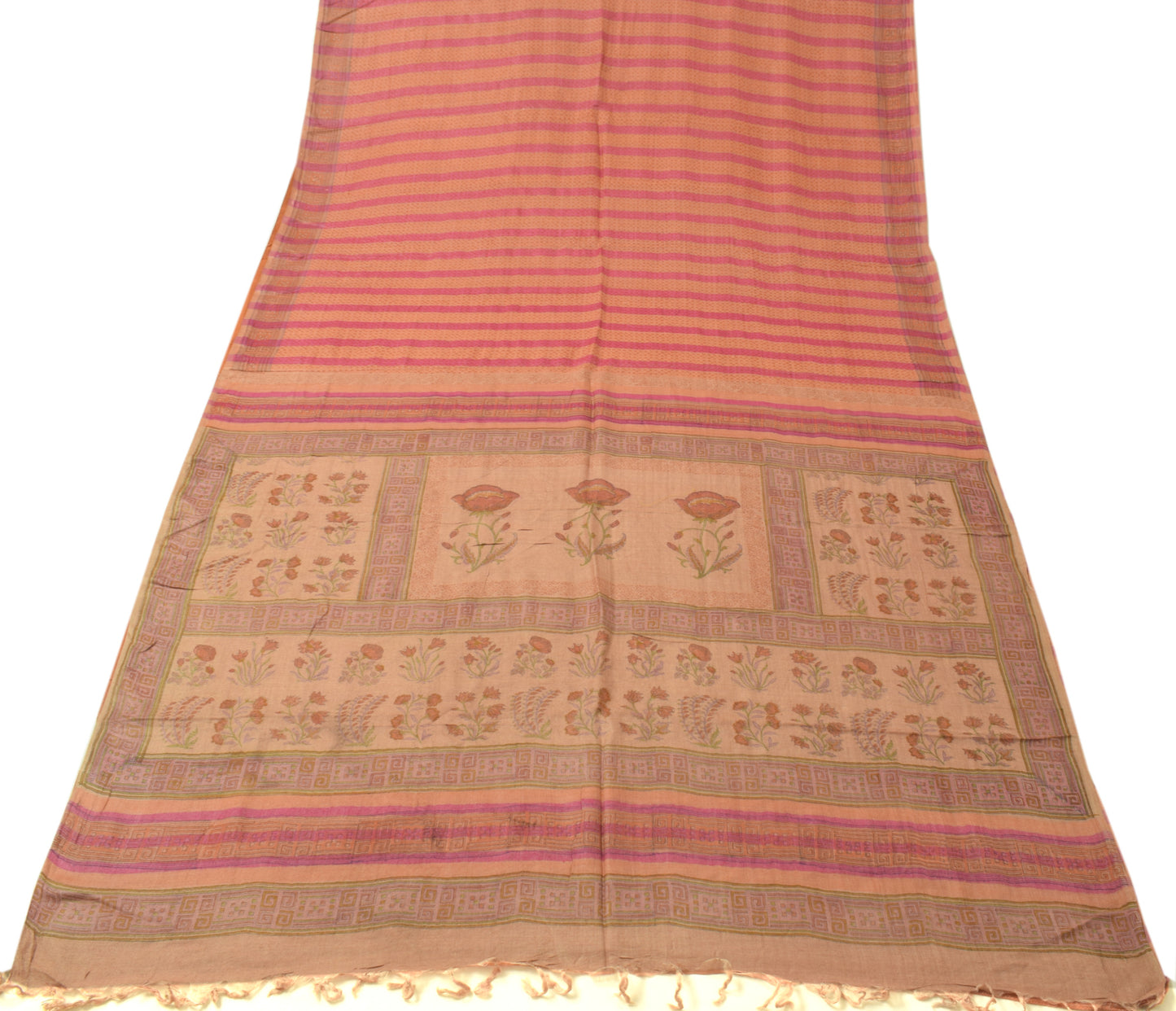 Sushila Vintage Peach Saree 100% Pure Wool Printed Floral Pattern Sari Fabric