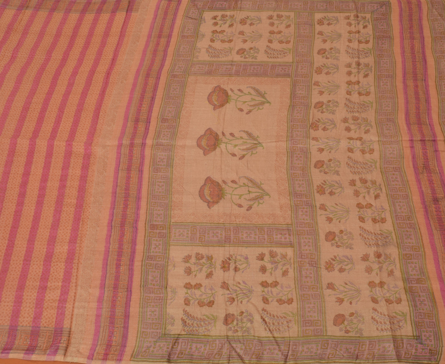 Sushila Vintage Peach Saree 100% Pure Wool Printed Floral Pattern Sari Fabric