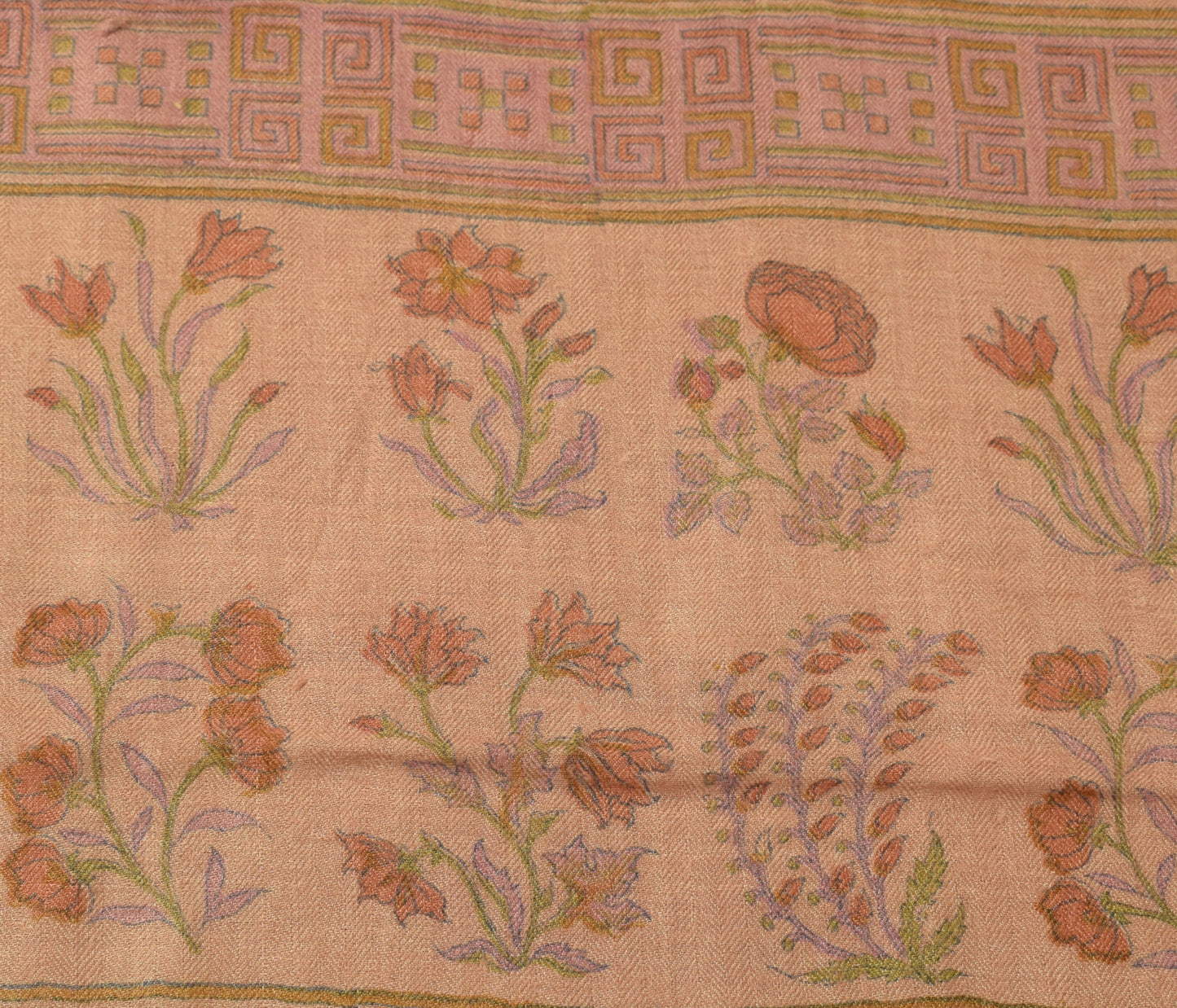 Sushila Vintage Peach Saree 100% Pure Wool Printed Floral Pattern Sari Fabric