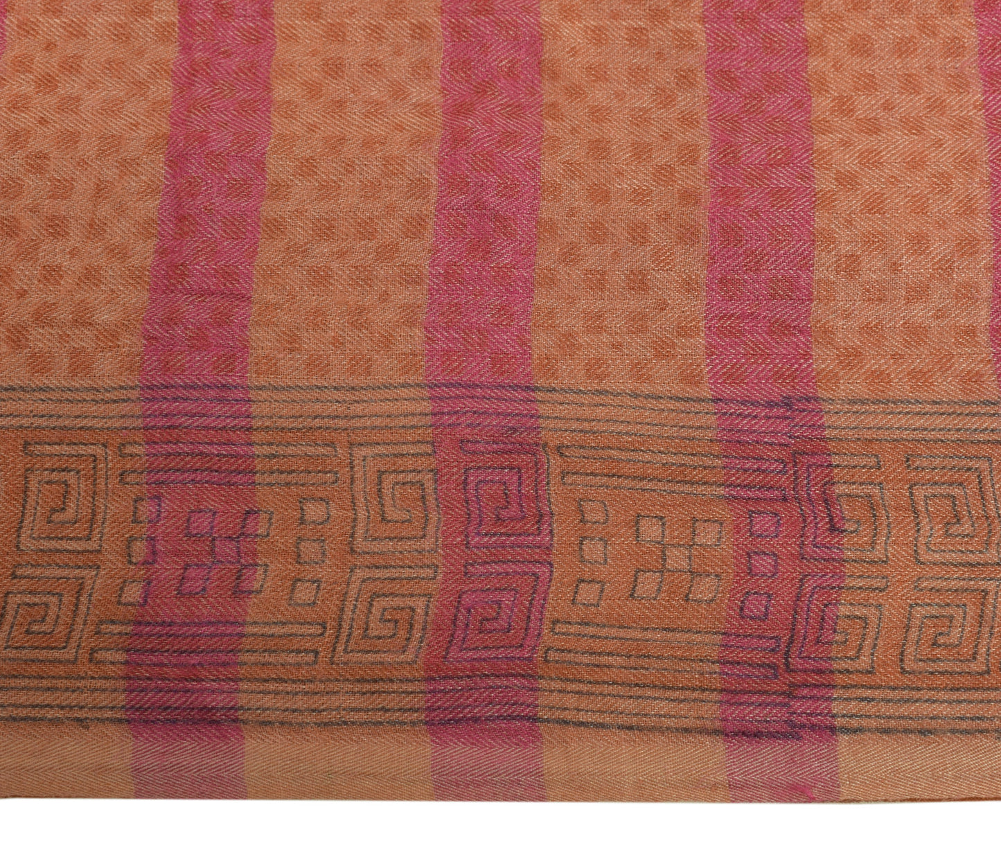 Sushila Vintage Peach Saree 100% Pure Wool Printed Floral Pattern Sari Fabric