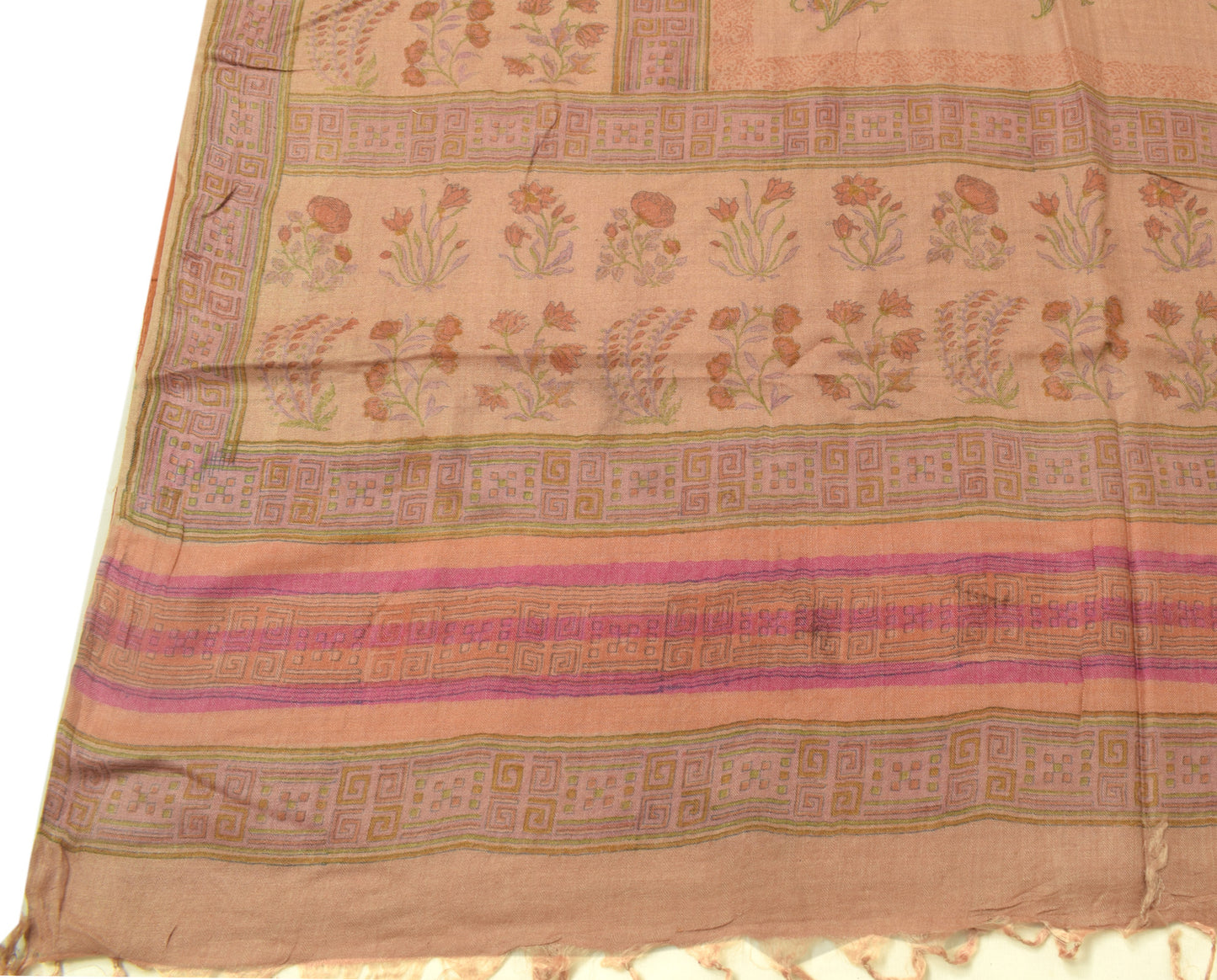 Sushila Vintage Peach Saree 100% Pure Wool Printed Floral Pattern Sari Fabric