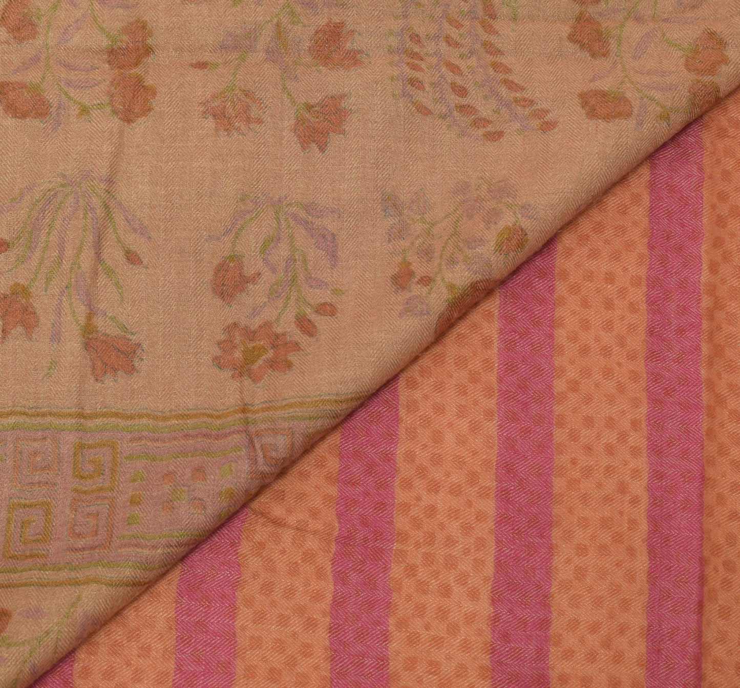 Sushila Vintage Peach Saree 100% Pure Wool Printed Floral Pattern Sari Fabric