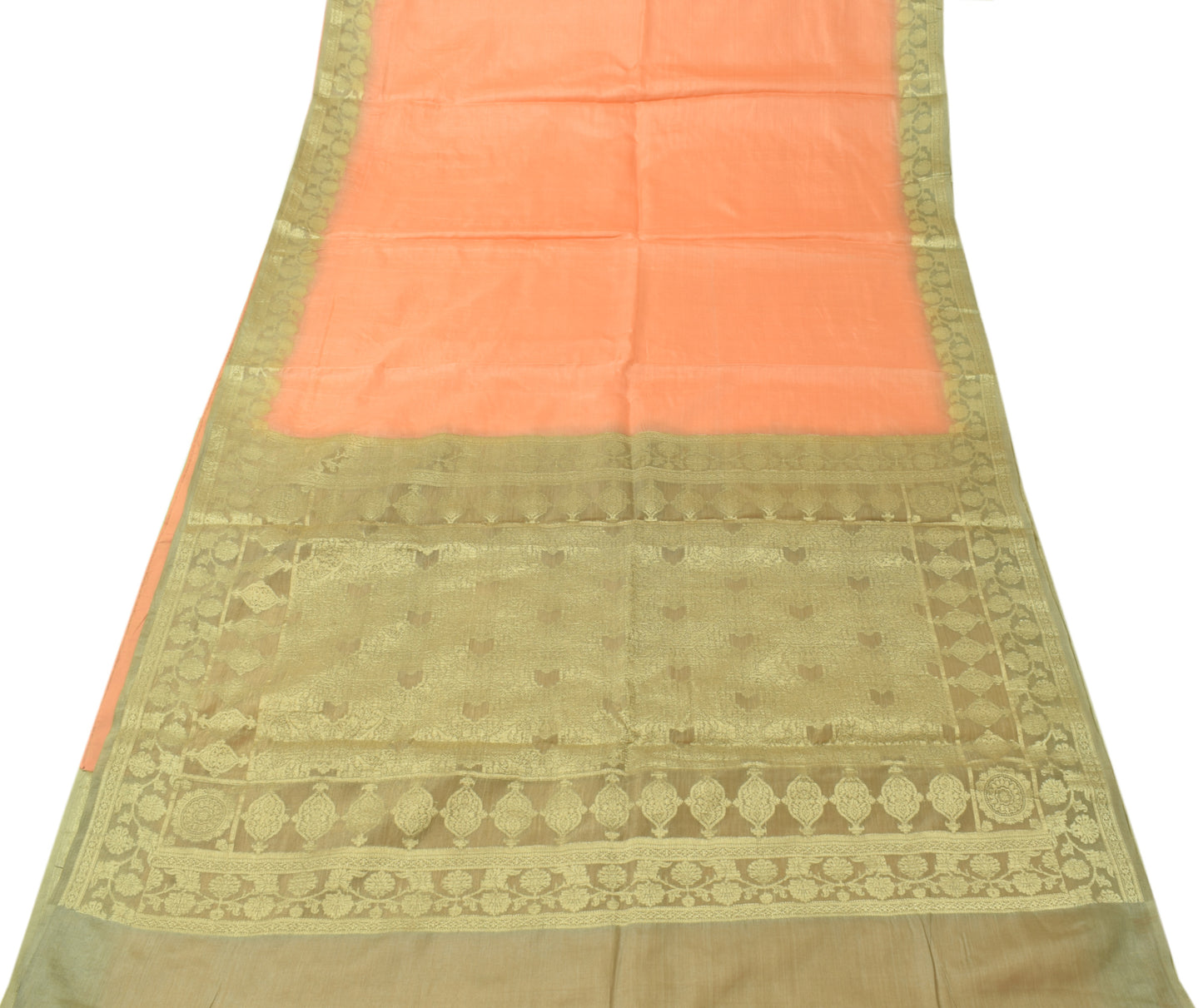 Sushila Vintage Peach Saree 100% Pure Silk Woven Plain Sari 5 YD Craft Fabric