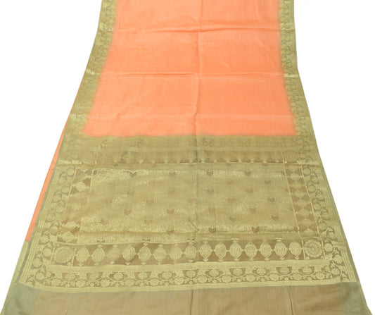 Sushila Vintage Peach Saree 100% Pure Silk Woven Plain Sari 5 YD Craft Fabric