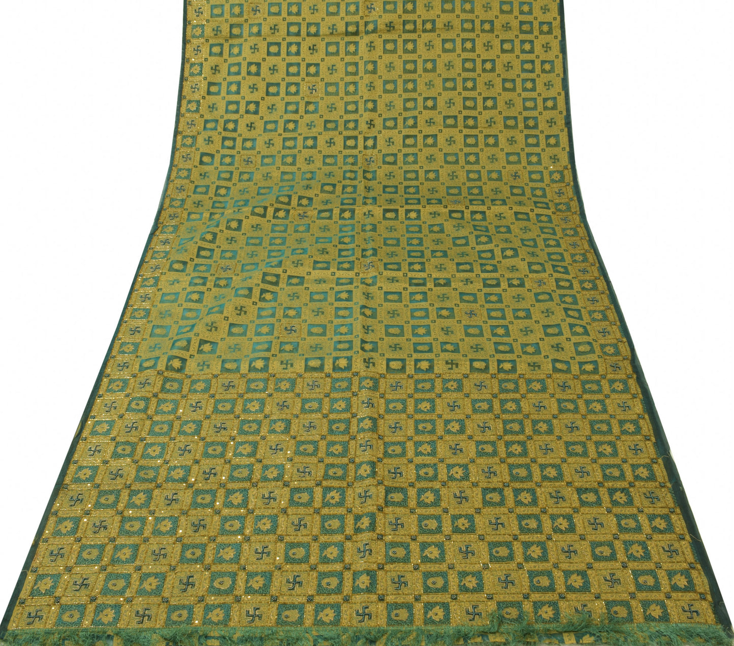 Sushila Vintage Green Saree Pure Silk Organza Woven Beaded Embroidered Fabric