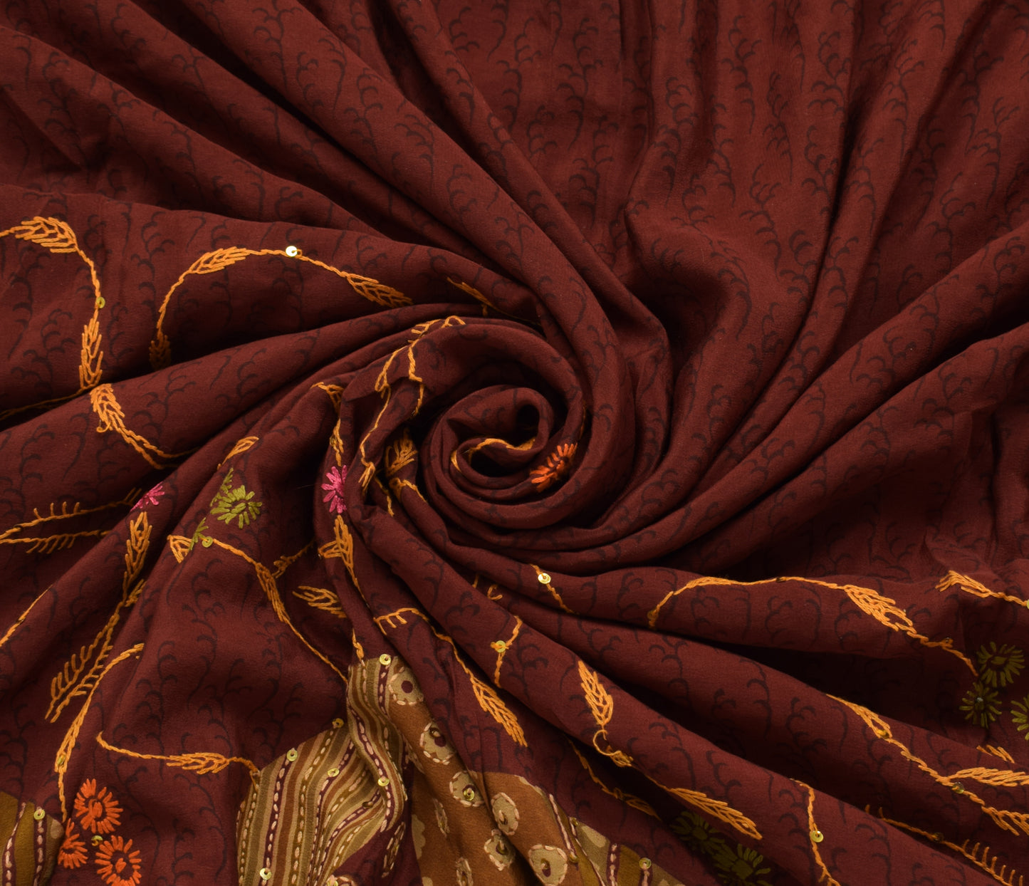 Sushila Vintage Maroon Saree Pure Crepe Silk Printed Hand Embroidered 5YD Fabric