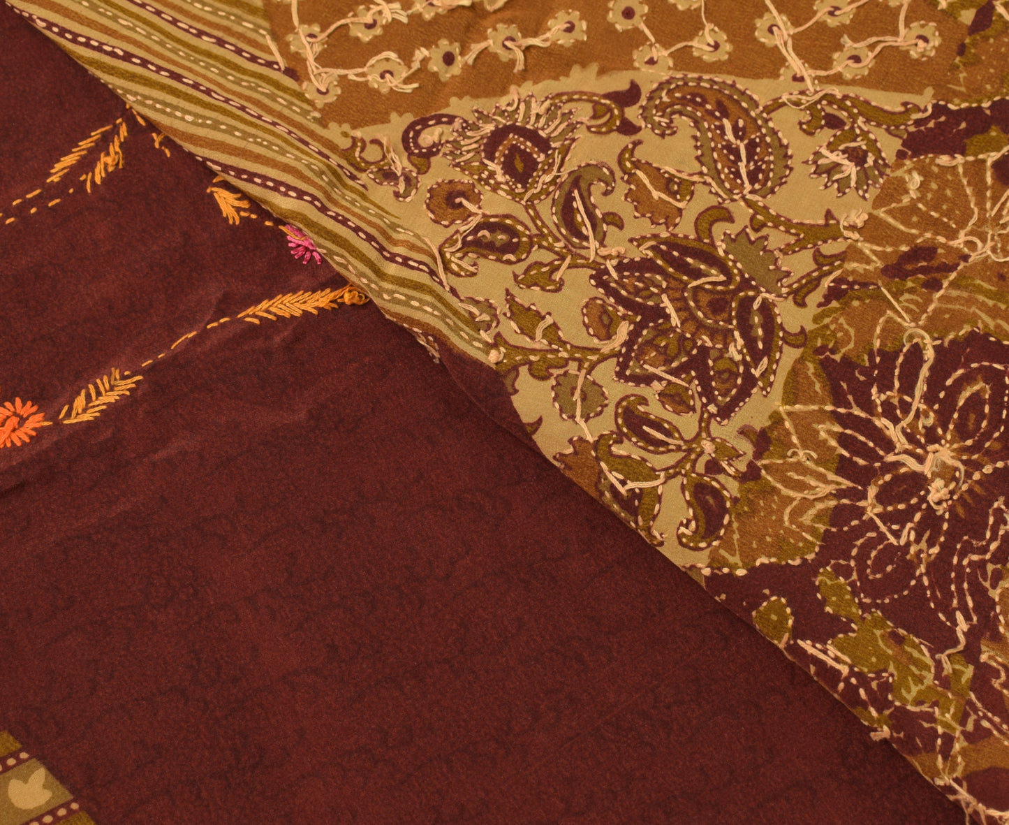 Sushila Vintage Maroon Saree Pure Crepe Silk Printed Hand Embroidered 5YD Fabric