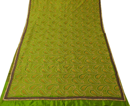 Sushila Vintage Green Saree 100% Pure Silk Embroidered Paisley Sari Craft Fabric