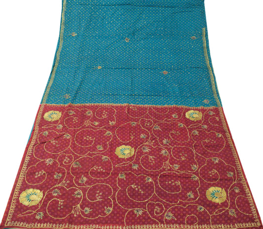 Sushila Vintage Blue Saree 100% Pure Silk Printed Embroidered Craft Sari Fabric