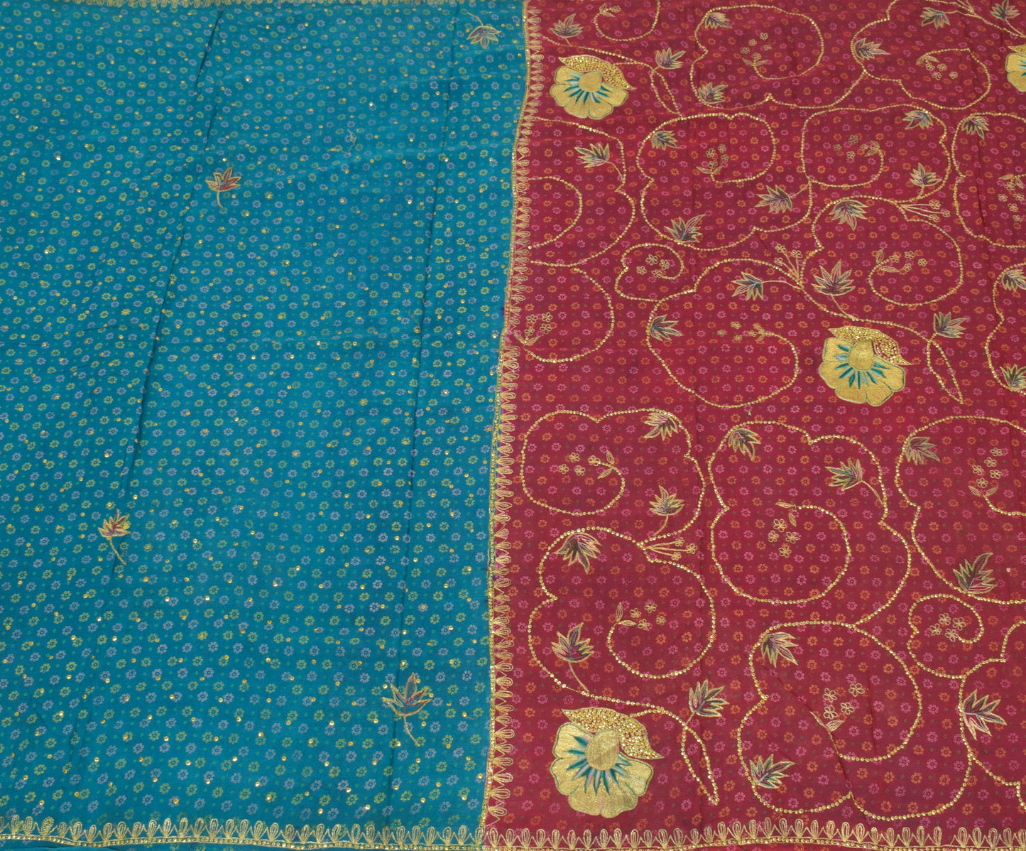 Sushila Vintage Blue Saree 100% Pure Silk Printed Embroidered Craft Sari Fabric