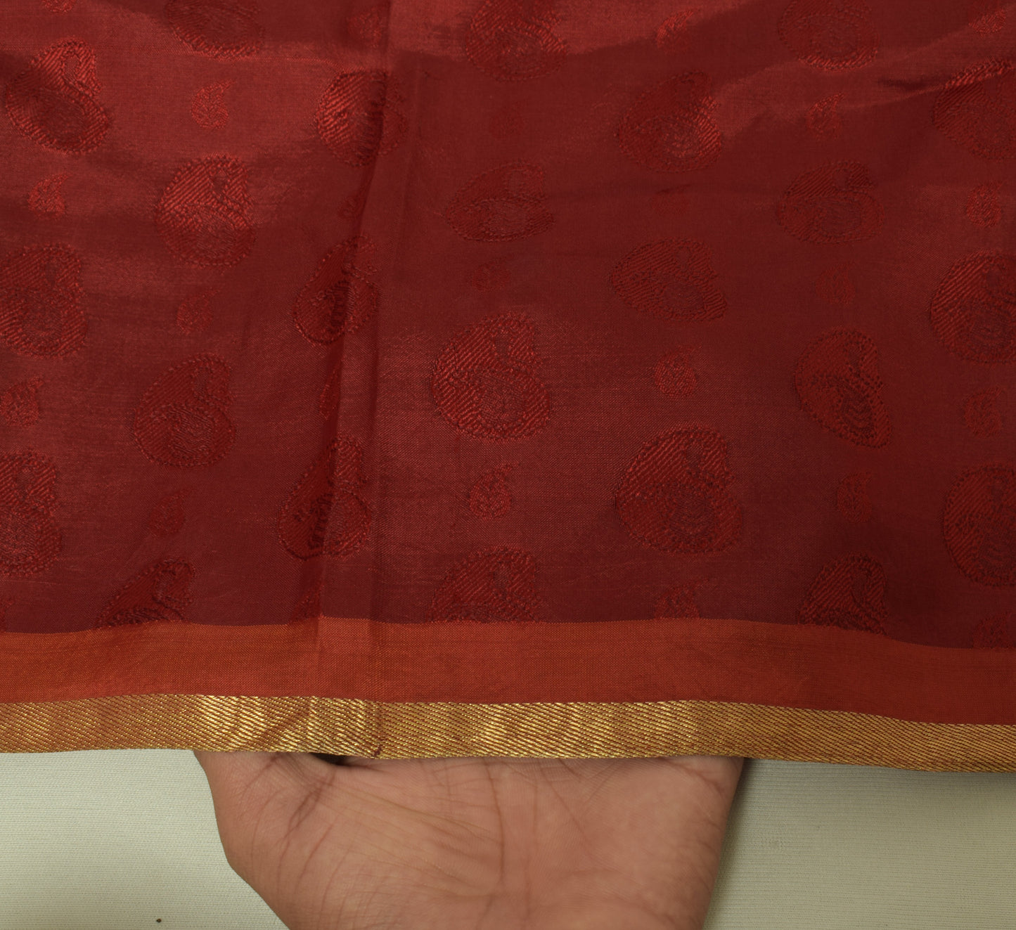 Sushila Vintage Maroon Saree 100% Pure Silk Woven Leaf Pattern Craft Sari Fabric