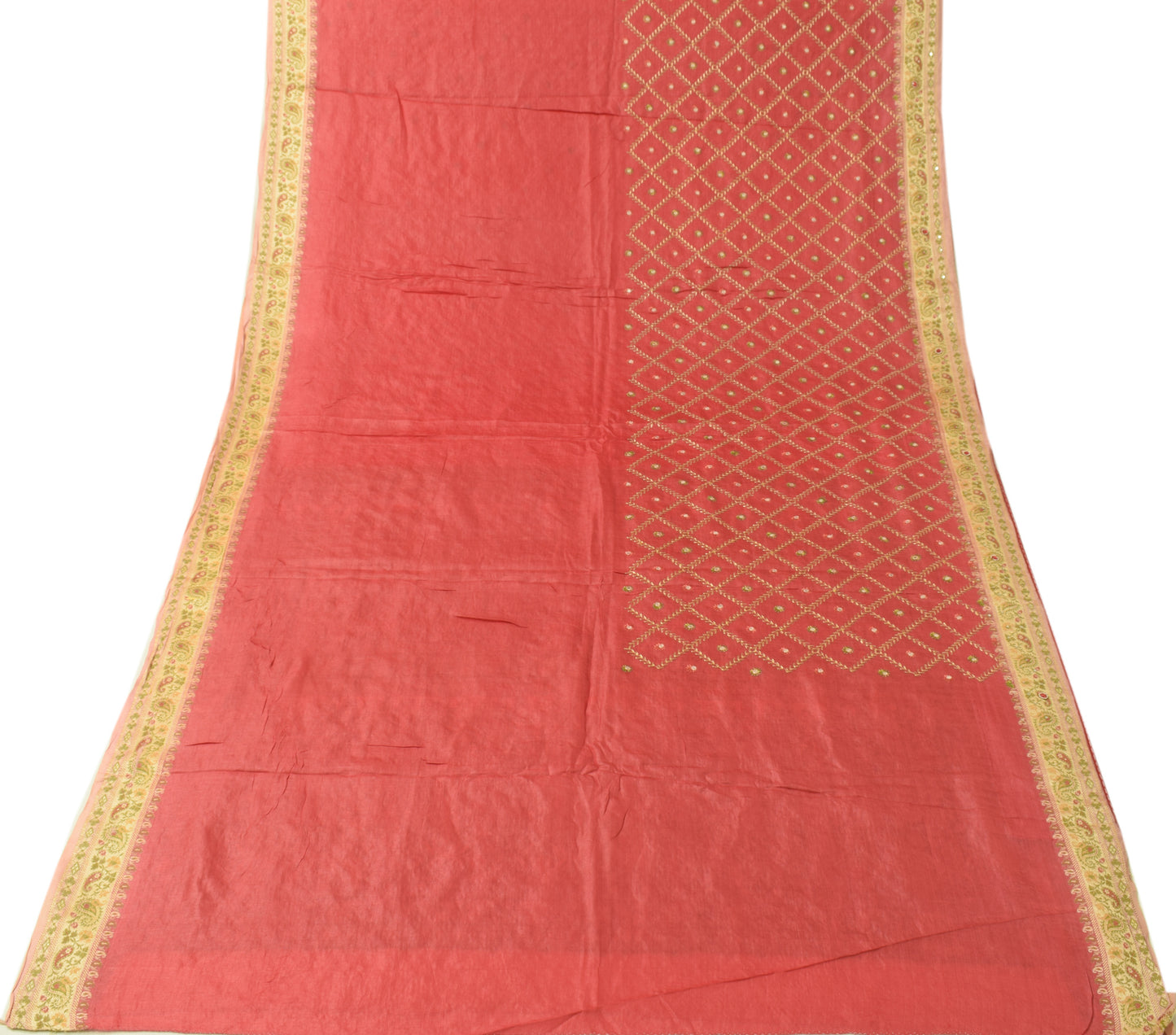 Sushila Vintage Pinkish Red Saree 100% Pure Silk Woven Embroidered Sari Fabric