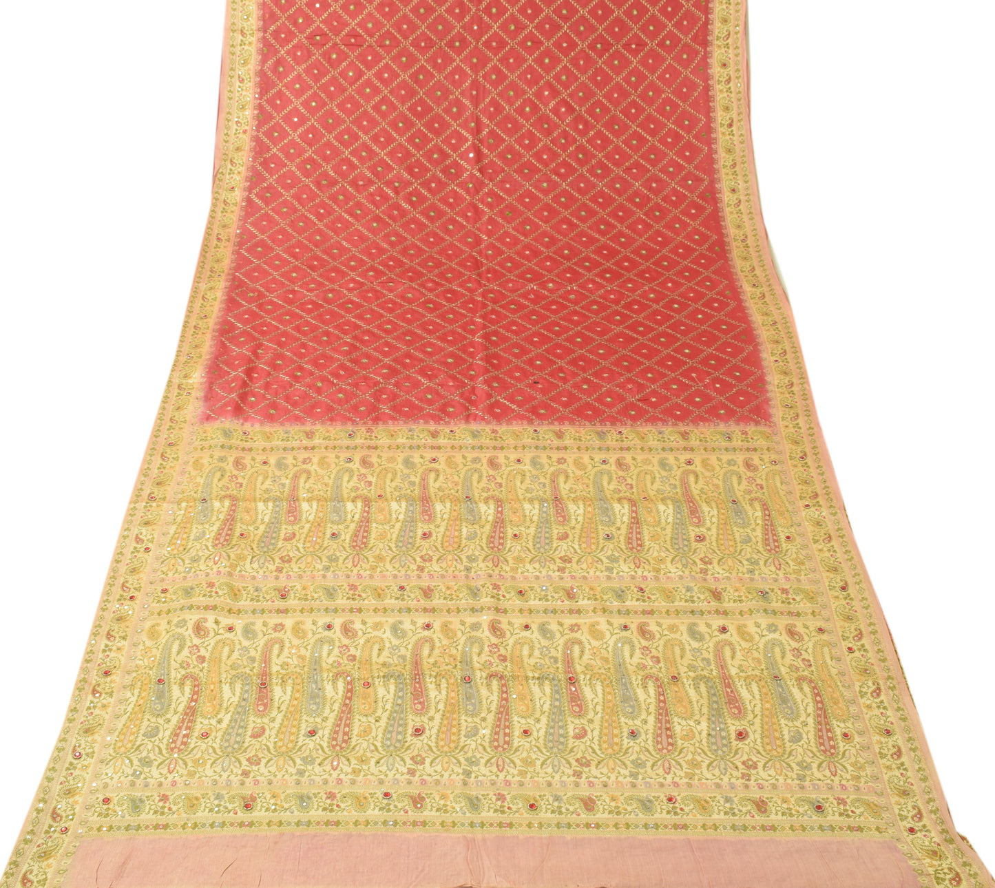 Sushila Vintage Pinkish Red Saree 100% Pure Silk Woven Embroidered Sari Fabric