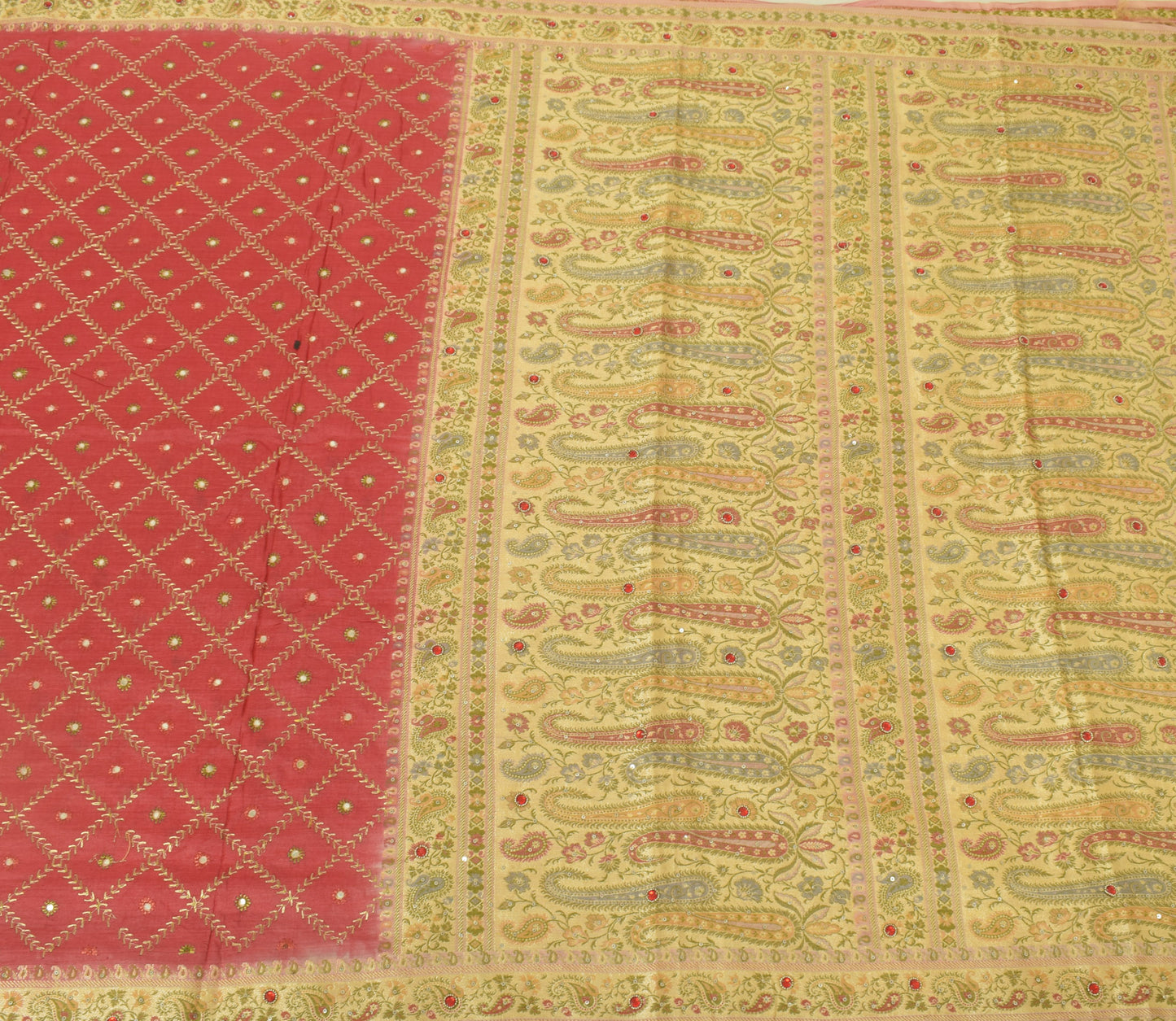 Sushila Vintage Pinkish Red Saree 100% Pure Silk Woven Embroidered Sari Fabric