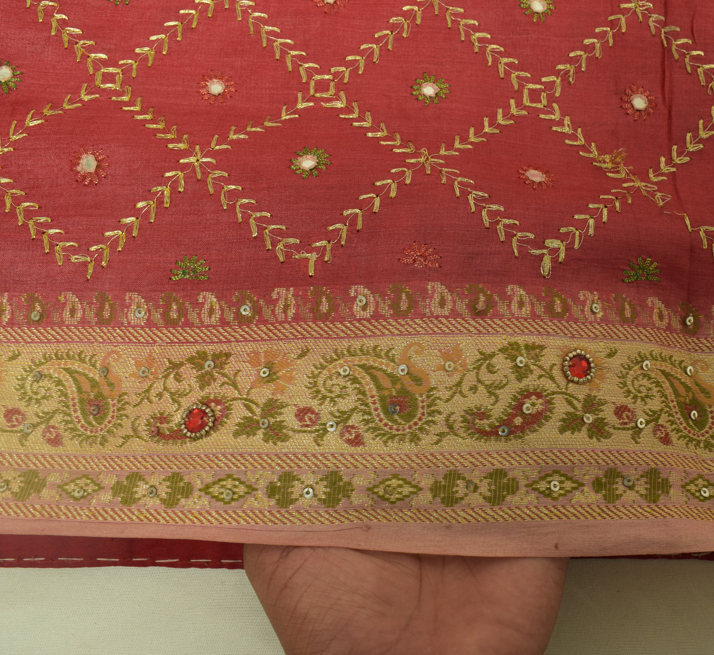 Sushila Vintage Pinkish Red Saree 100% Pure Silk Woven Embroidered Sari Fabric