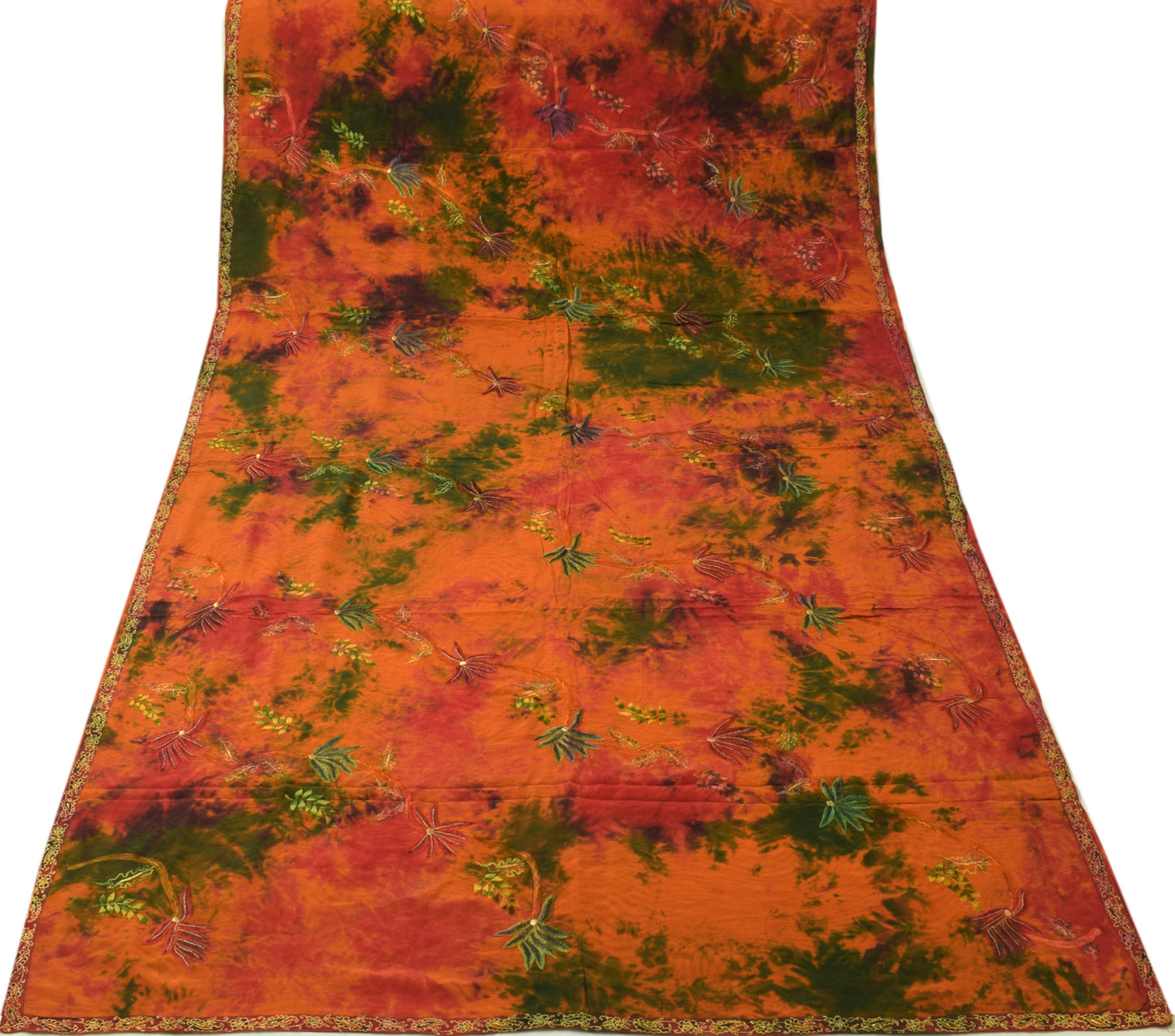 Sushila Vintage Rust Saree 100% Pure Crepe Silk Embroidered Tie-Dye Sari Fabric