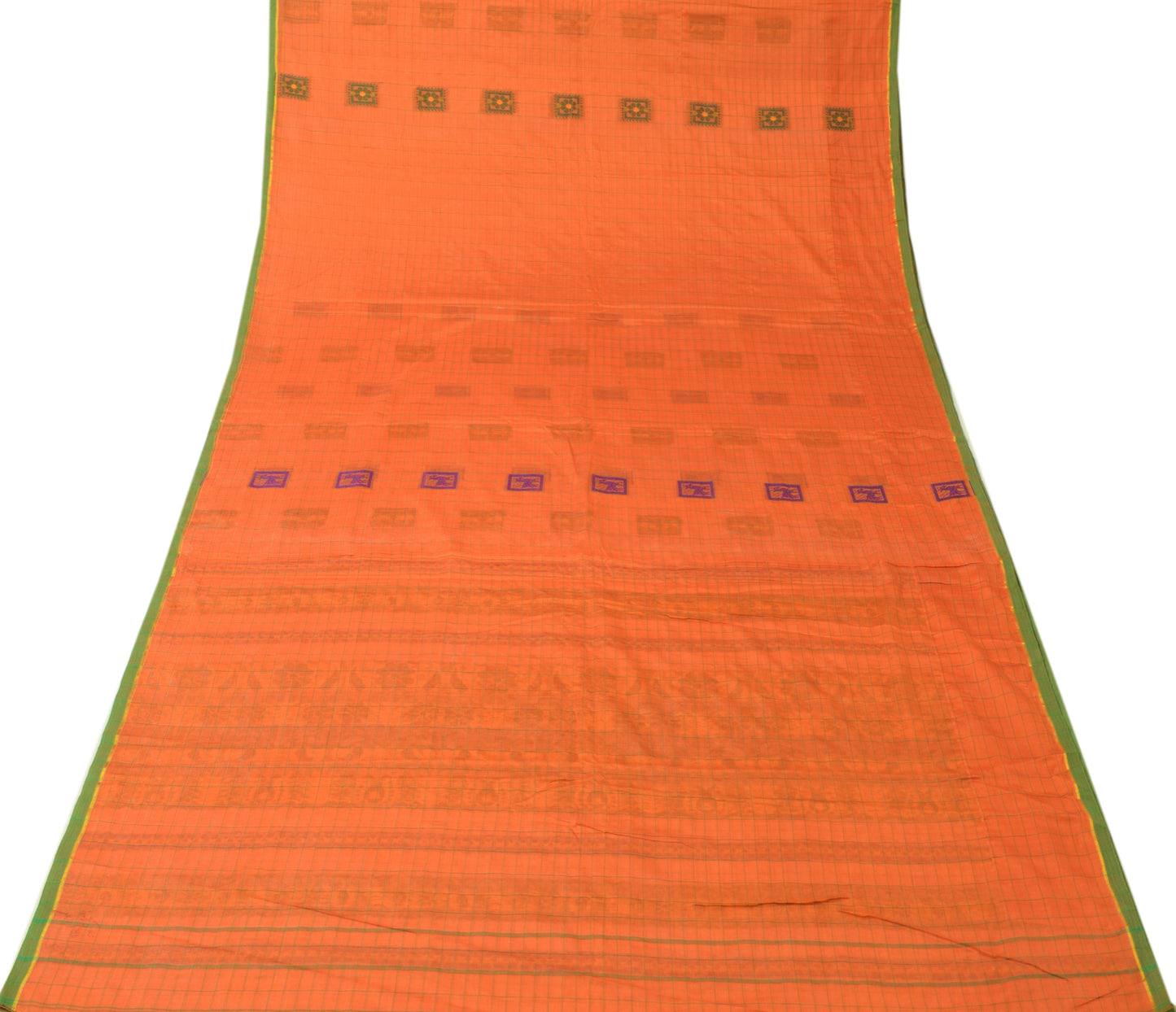 Sushila Vintage Orange Saree 100% Pure Cotton Woven Floral Sari Craft Fabric