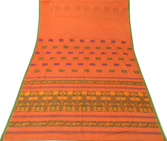 Sushila Vintage Orange Saree 100% Pure Cotton Woven Floral Sari Craft Fabric